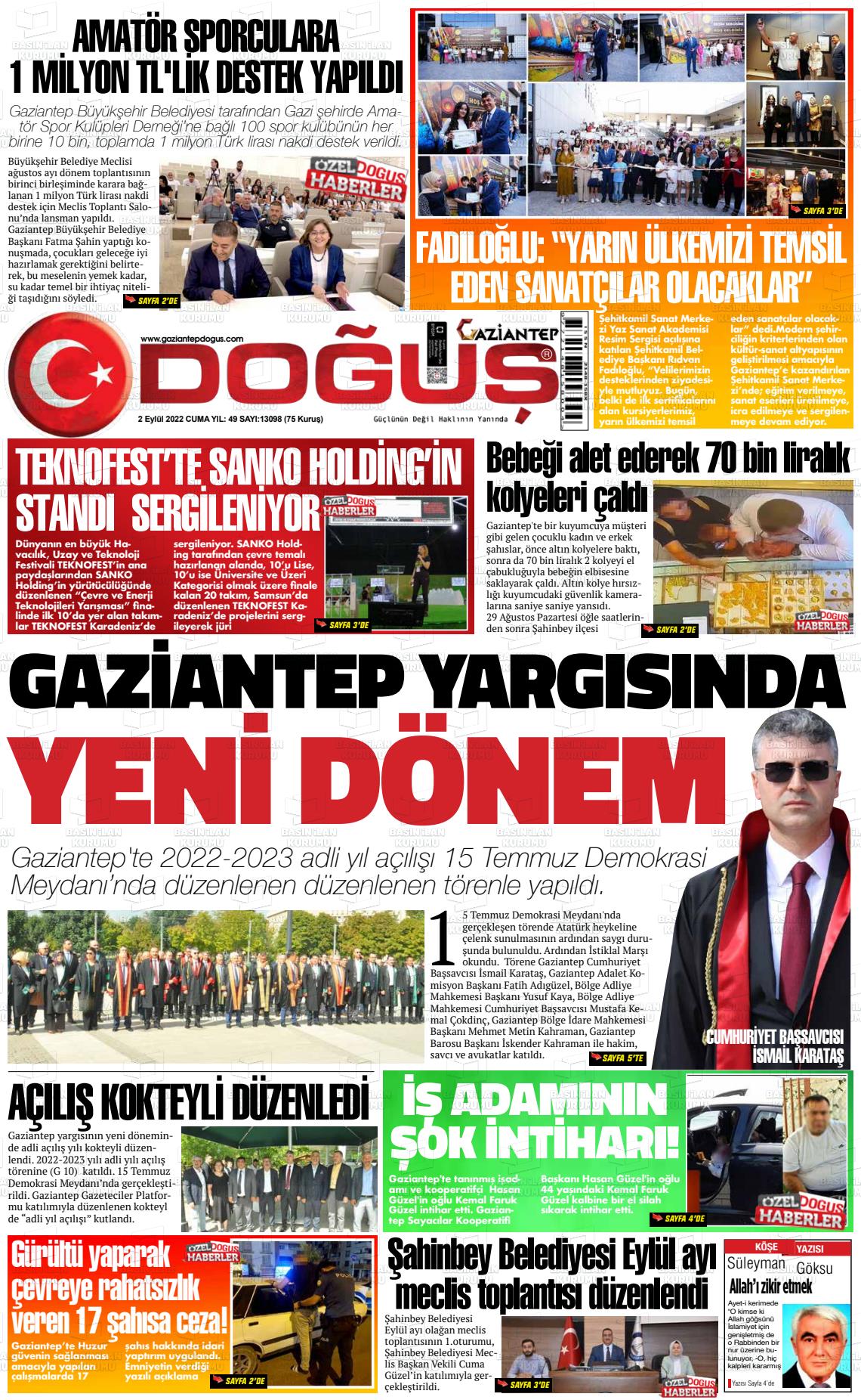 02 Eylül 2022 Gaziantep Doğuş Gazete Manşeti