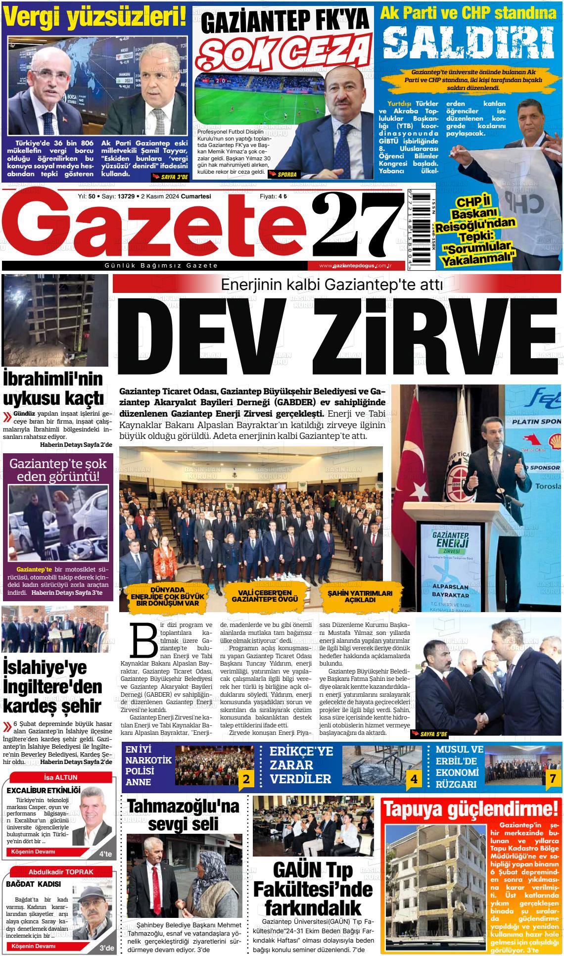 02 Kasım 2024 Gaziantep Doğuş Gazete Manşeti