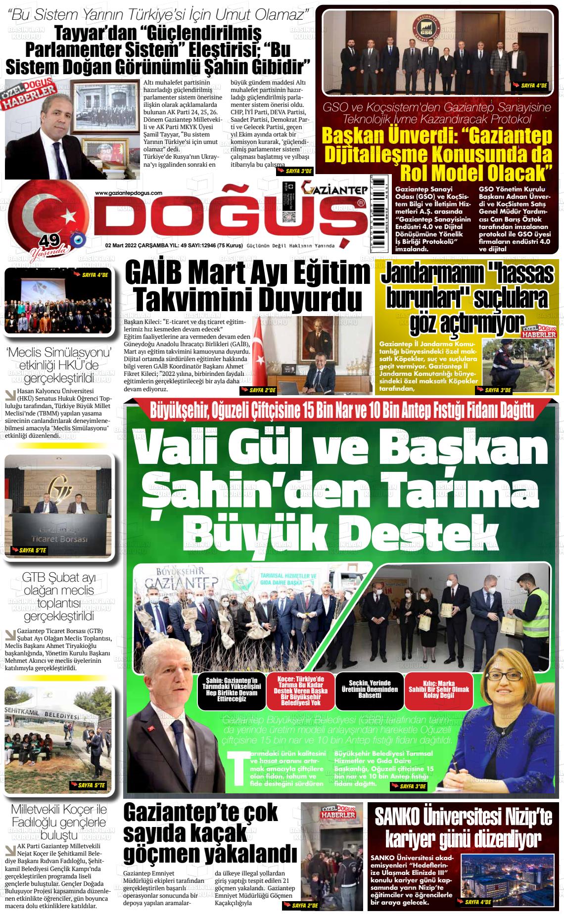 02 Mart 2022 Gaziantep Doğuş Gazete Manşeti