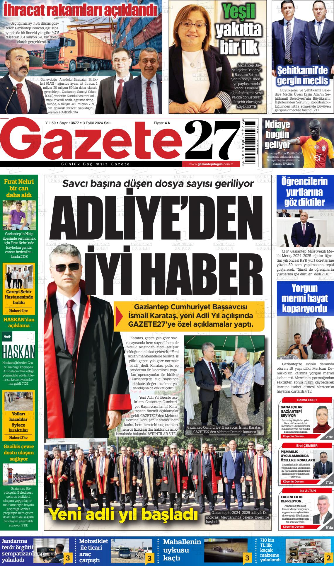 03 Eylül 2024 Gaziantep Doğuş Gazete Manşeti