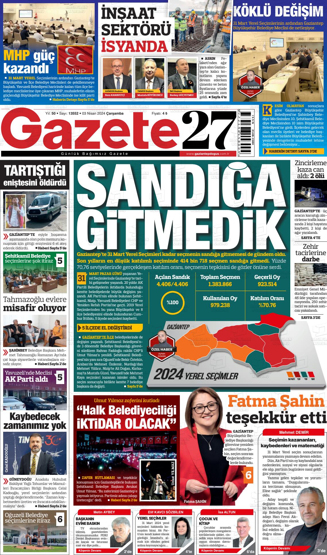 03 Nisan 2024 Gaziantep Doğuş Gazete Manşeti