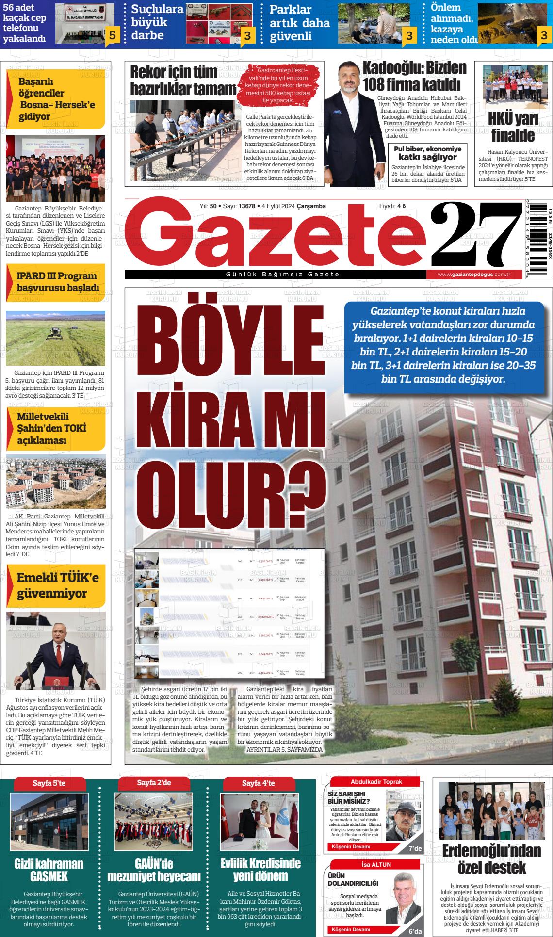 04 Eylül 2024 Gaziantep Doğuş Gazete Manşeti