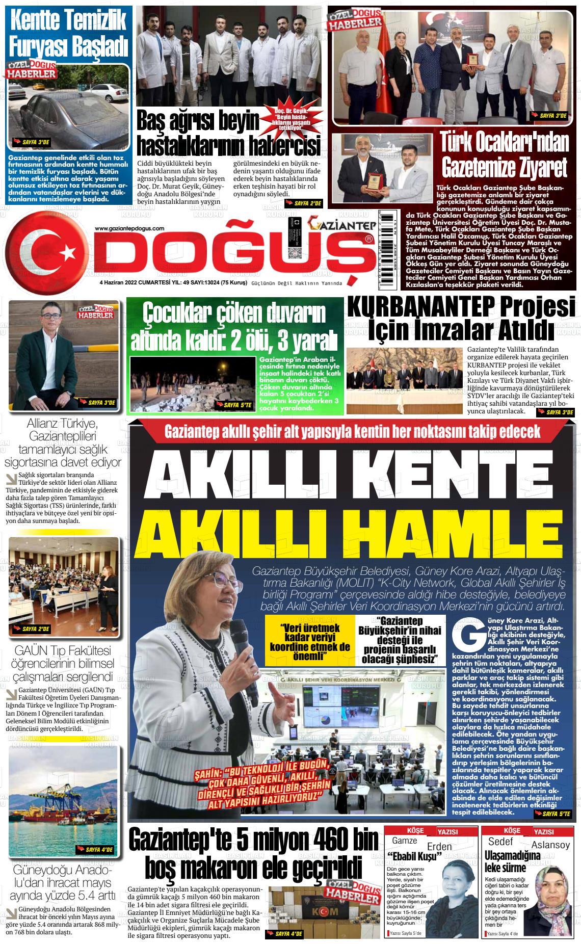 04 Haziran 2022 Gaziantep Doğuş Gazete Manşeti