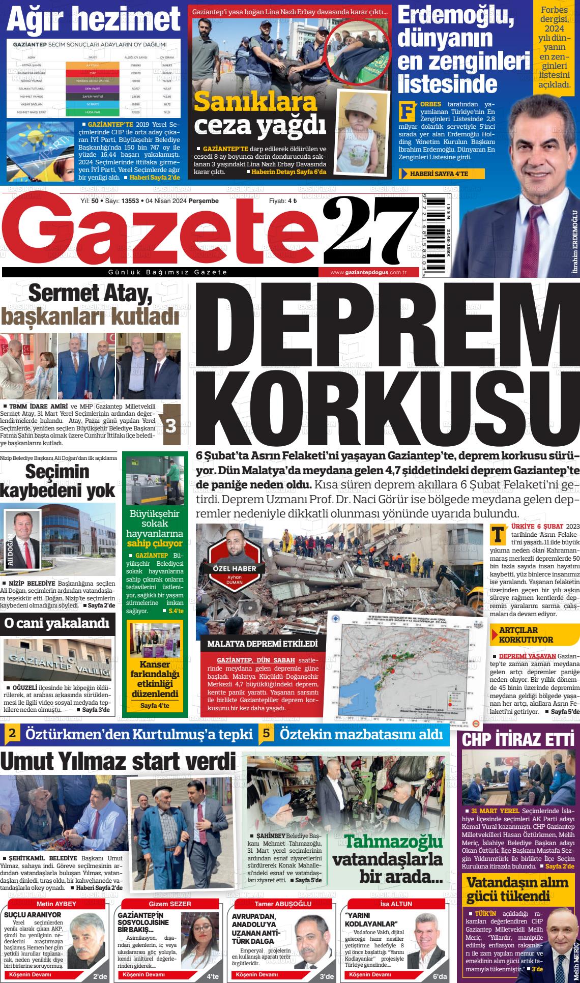 04 Nisan 2024 Gaziantep Doğuş Gazete Manşeti