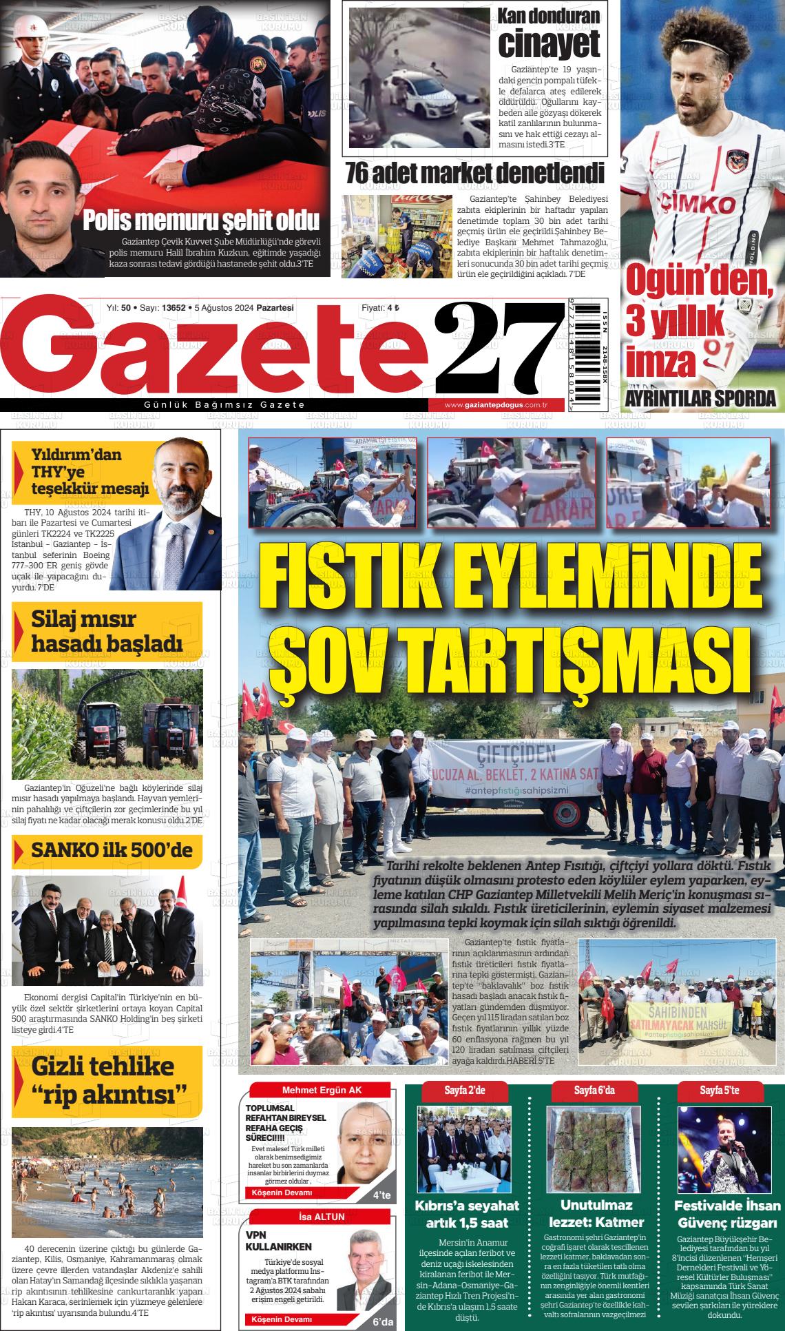 05 Ağustos 2024 Gaziantep Doğuş Gazete Manşeti