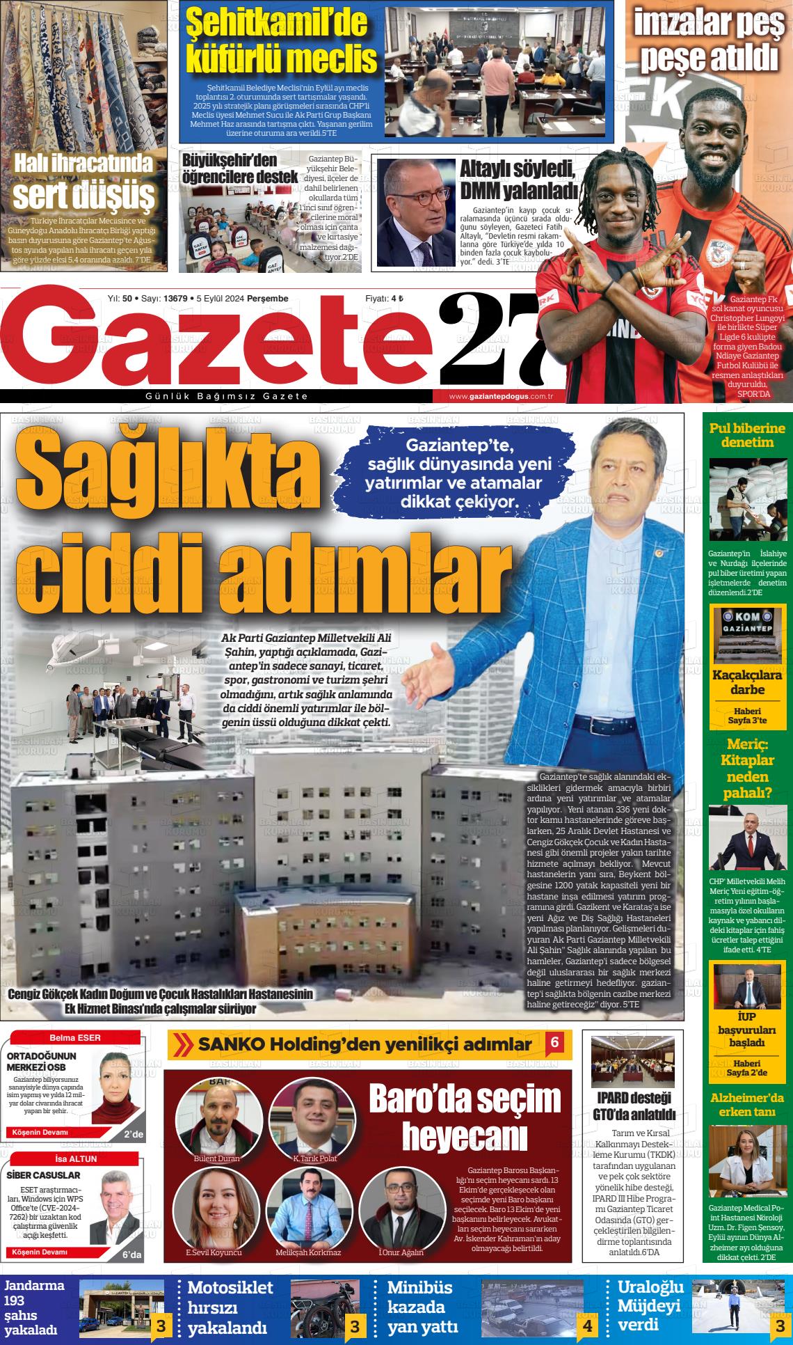 05 Eylül 2024 Gaziantep Doğuş Gazete Manşeti