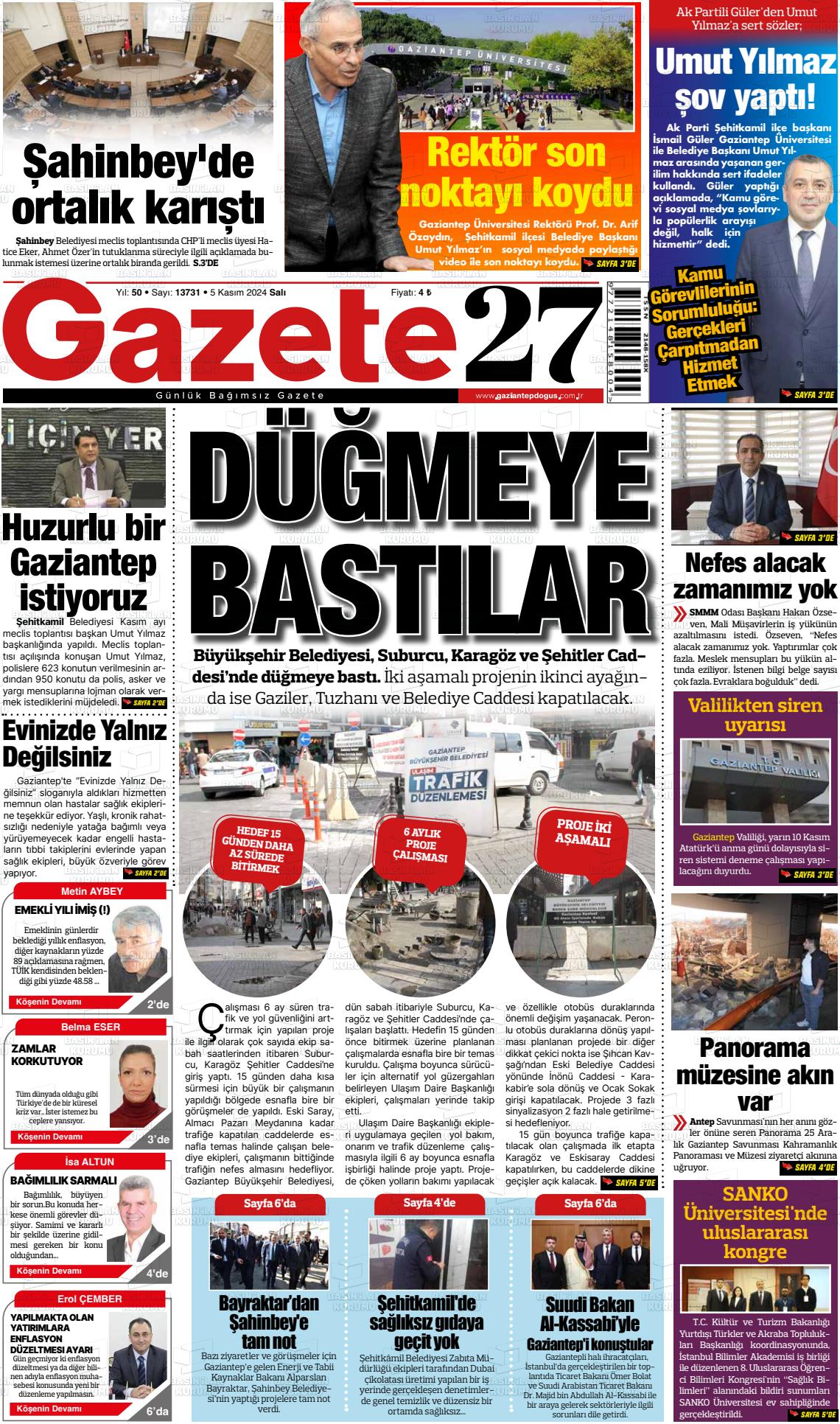 05 Kasım 2024 Gaziantep Doğuş Gazete Manşeti