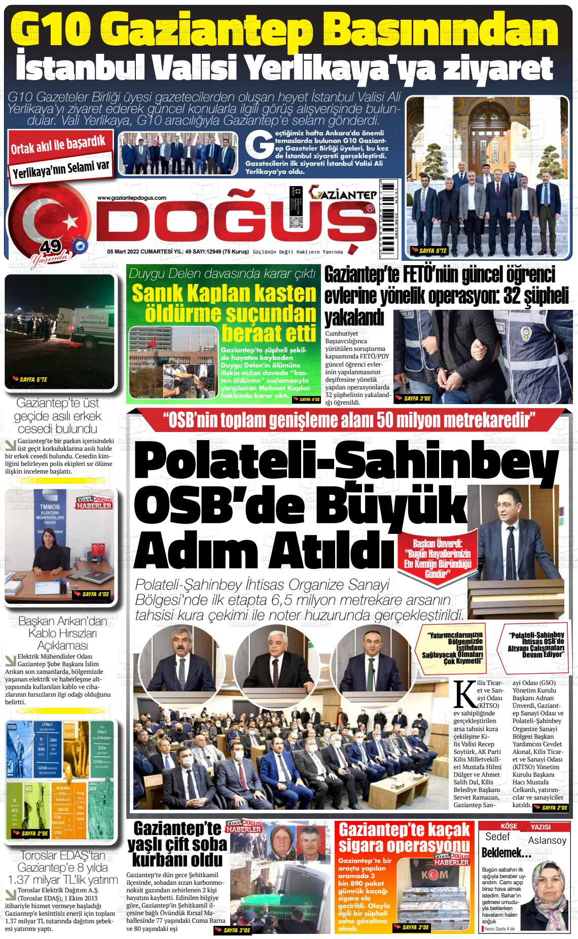 05 Mart 2022 Gaziantep Doğuş Gazete Manşeti