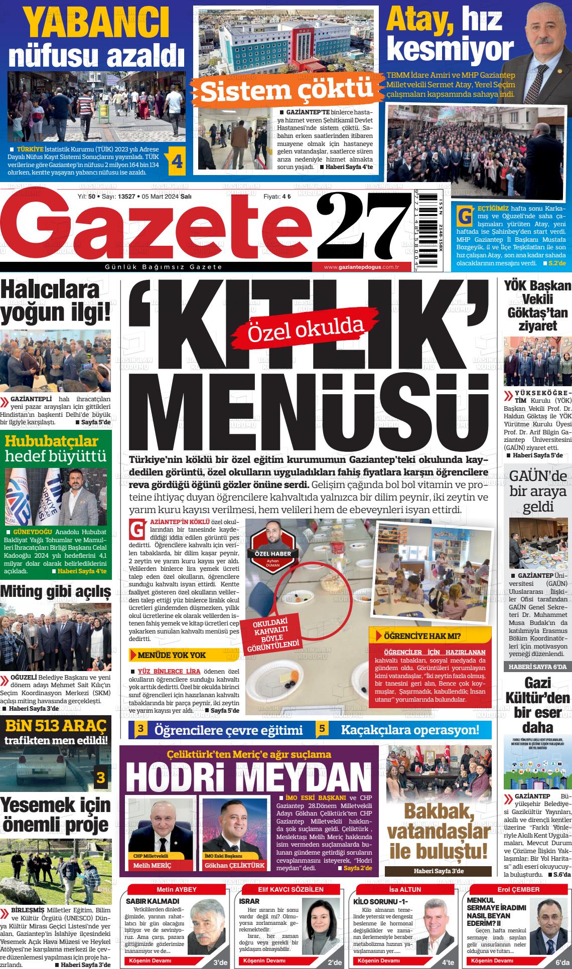 05 Mart 2024 Gaziantep Doğuş Gazete Manşeti