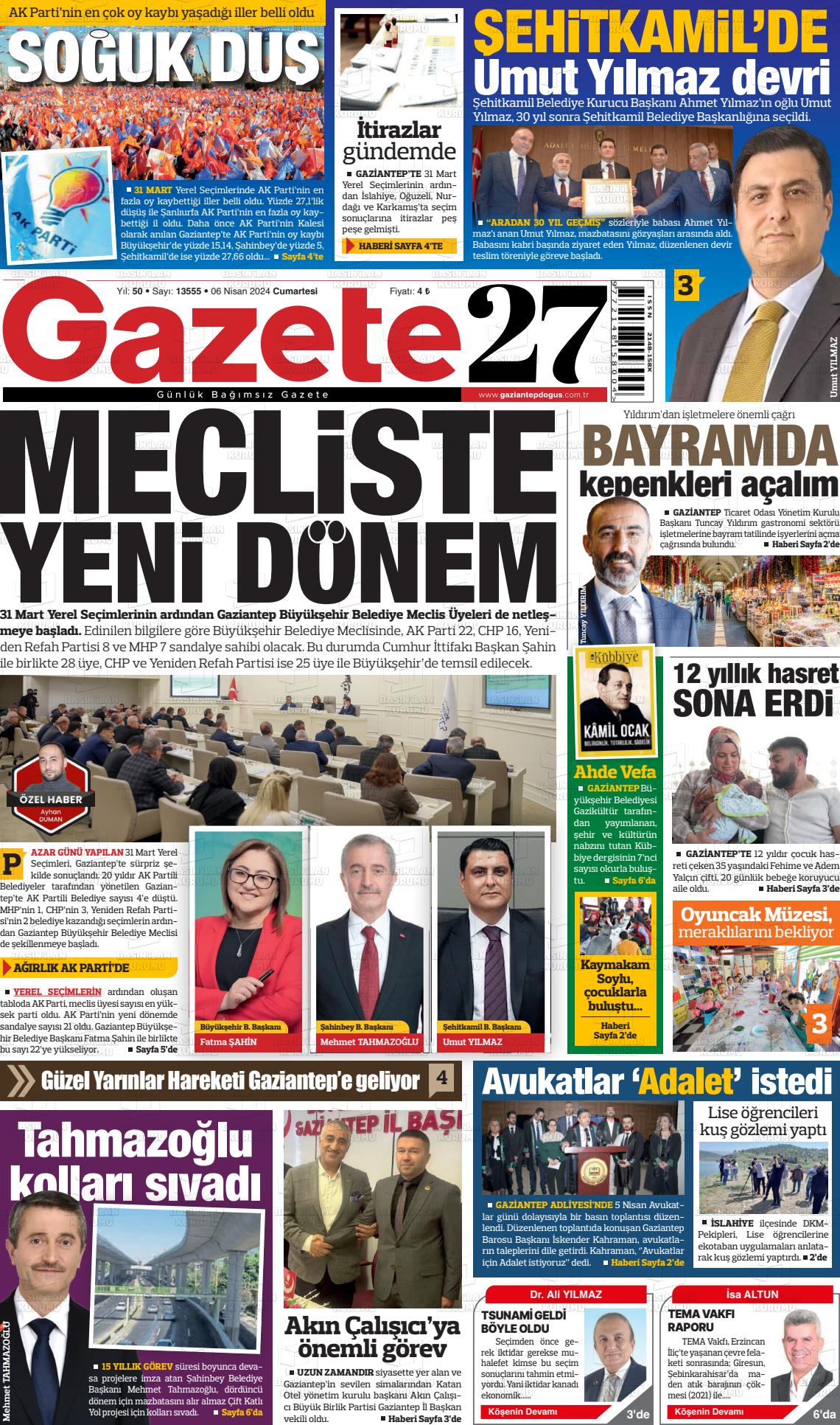 06 Nisan 2024 Gaziantep Doğuş Gazete Manşeti