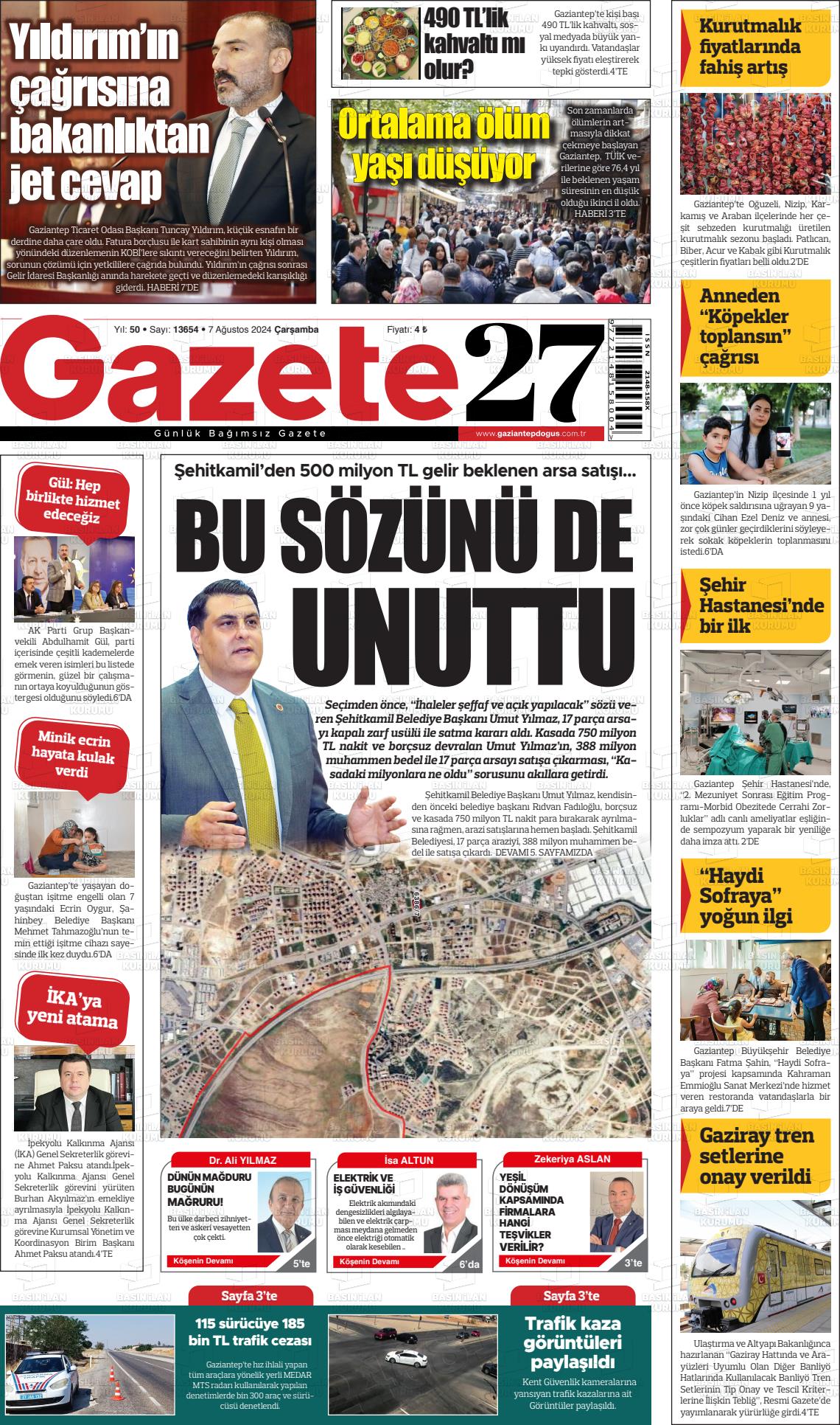 07 Ağustos 2024 Gaziantep Doğuş Gazete Manşeti