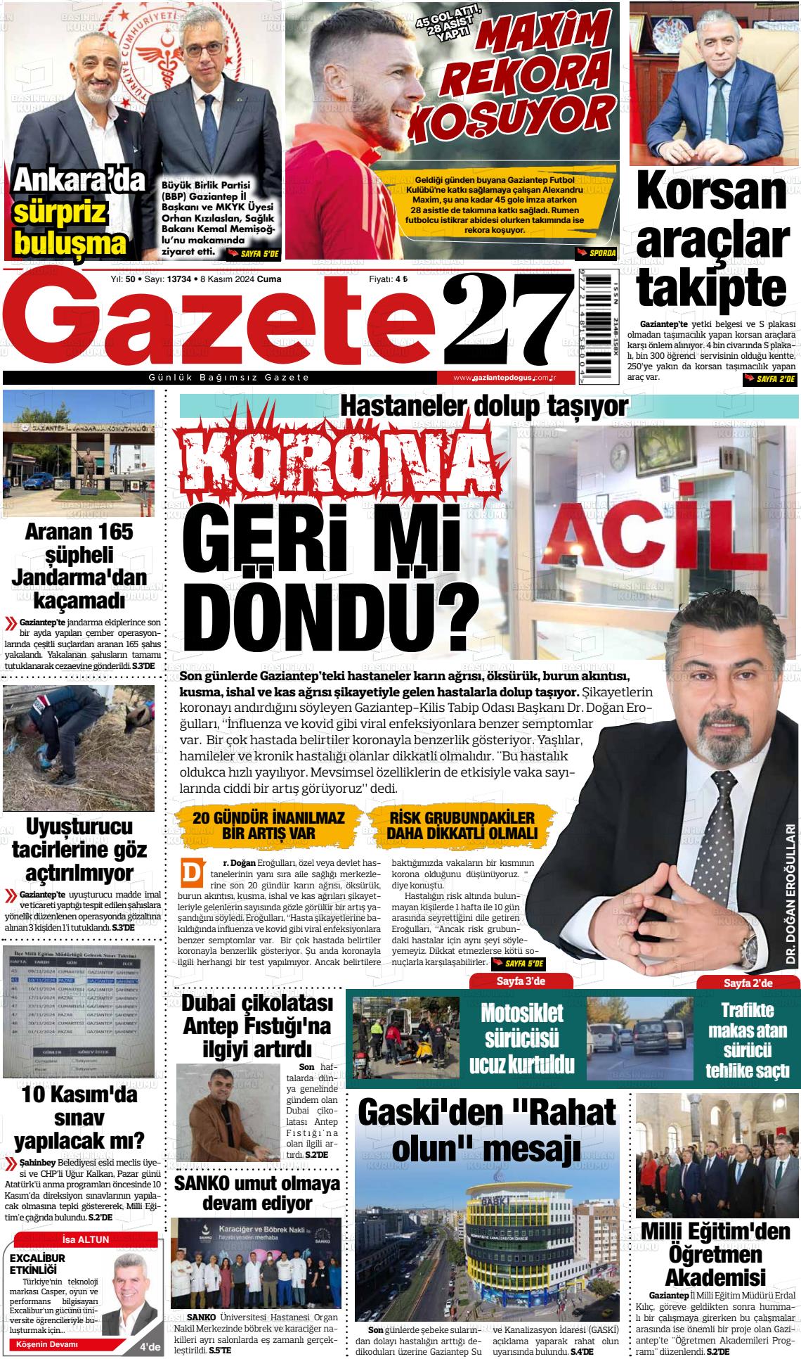 08 Kasım 2024 Gaziantep Doğuş Gazete Manşeti