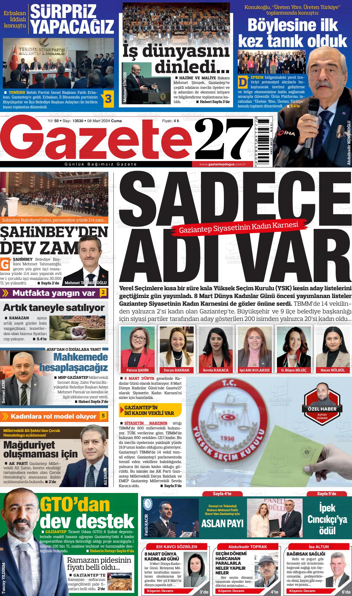 08 Mart 2024 Gaziantep Doğuş Gazete Manşeti