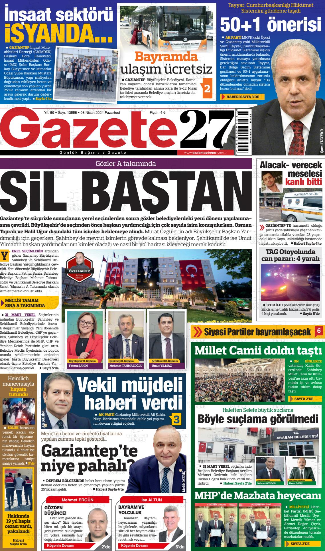 08 Nisan 2024 Gaziantep Doğuş Gazete Manşeti