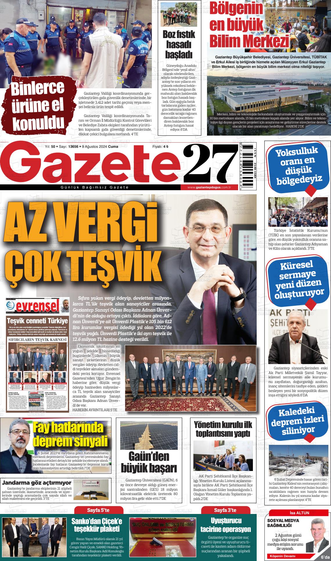 09 Ağustos 2024 Gaziantep Doğuş Gazete Manşeti