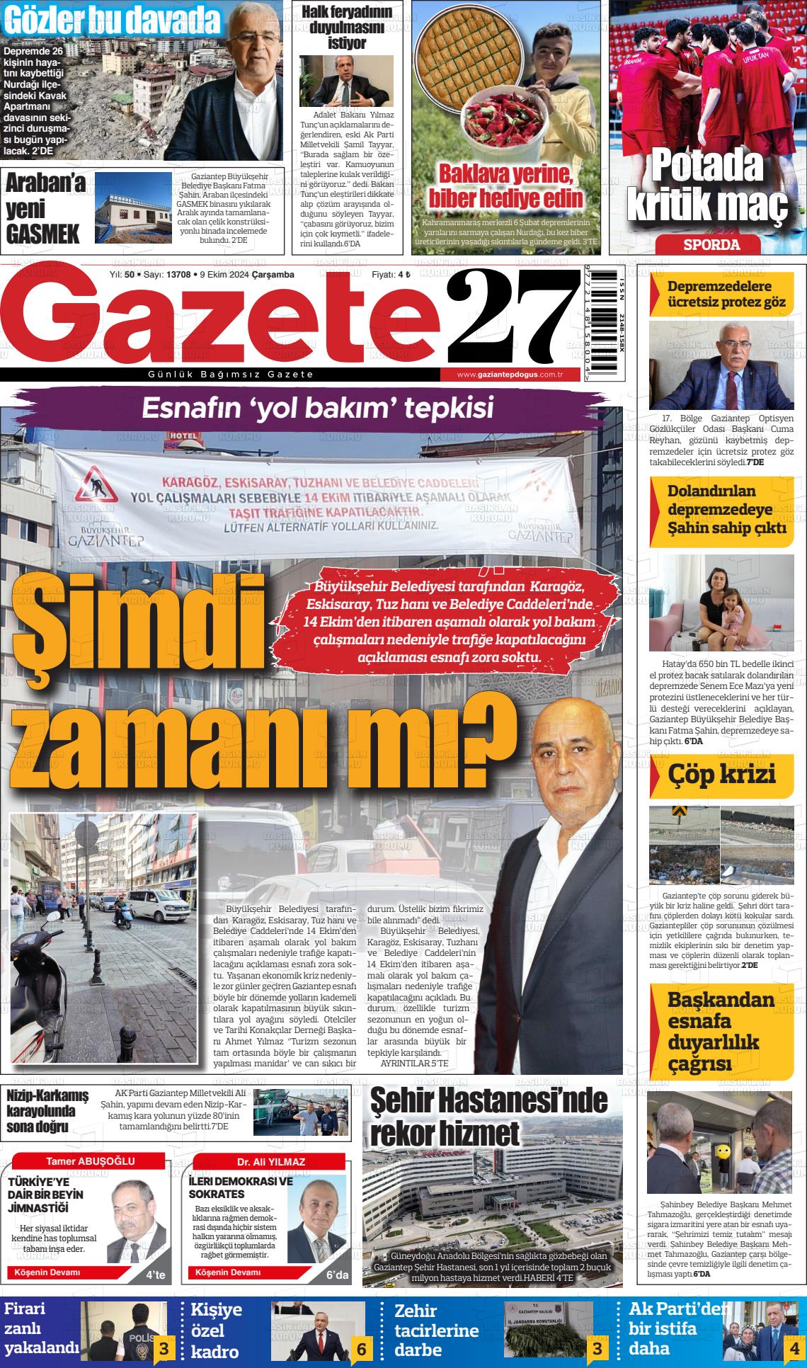 09 Ekim 2024 Gaziantep Doğuş Gazete Manşeti