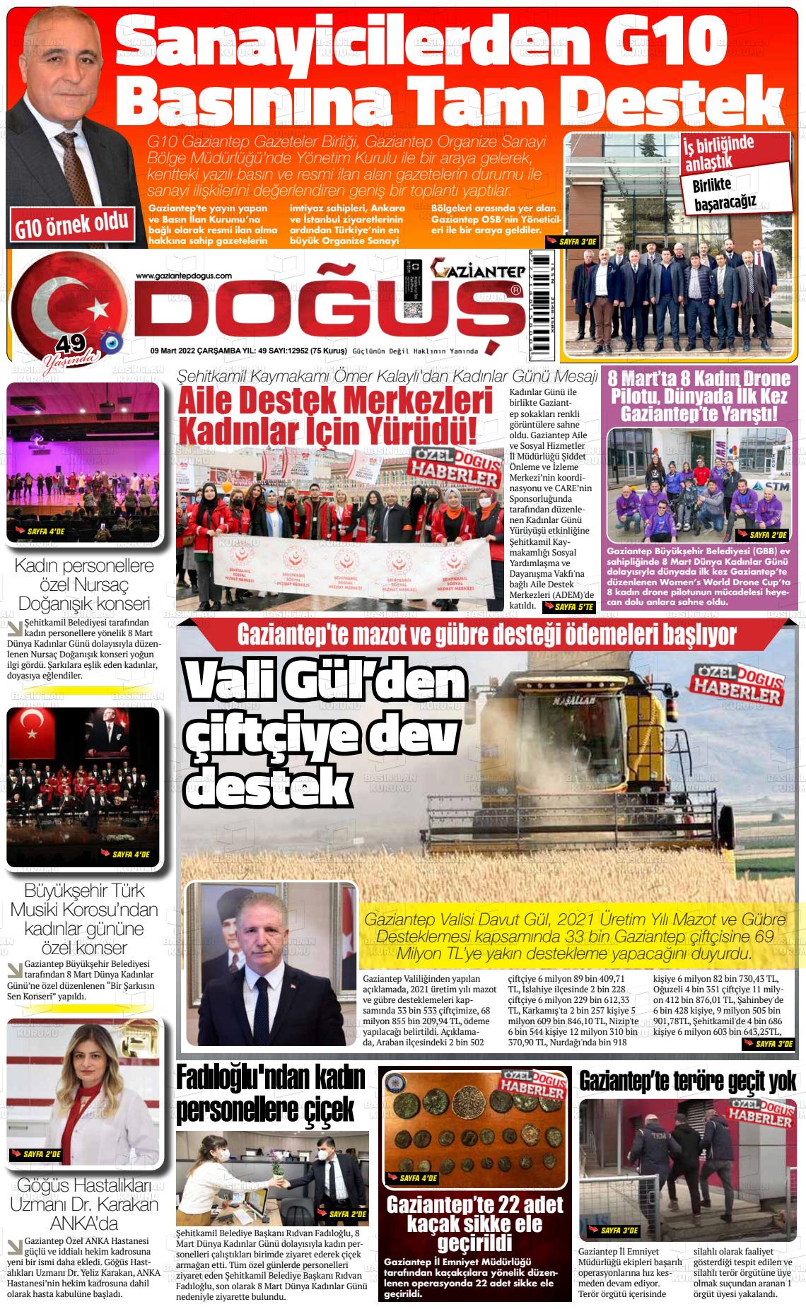 09 Mart 2022 Gaziantep Doğuş Gazete Manşeti