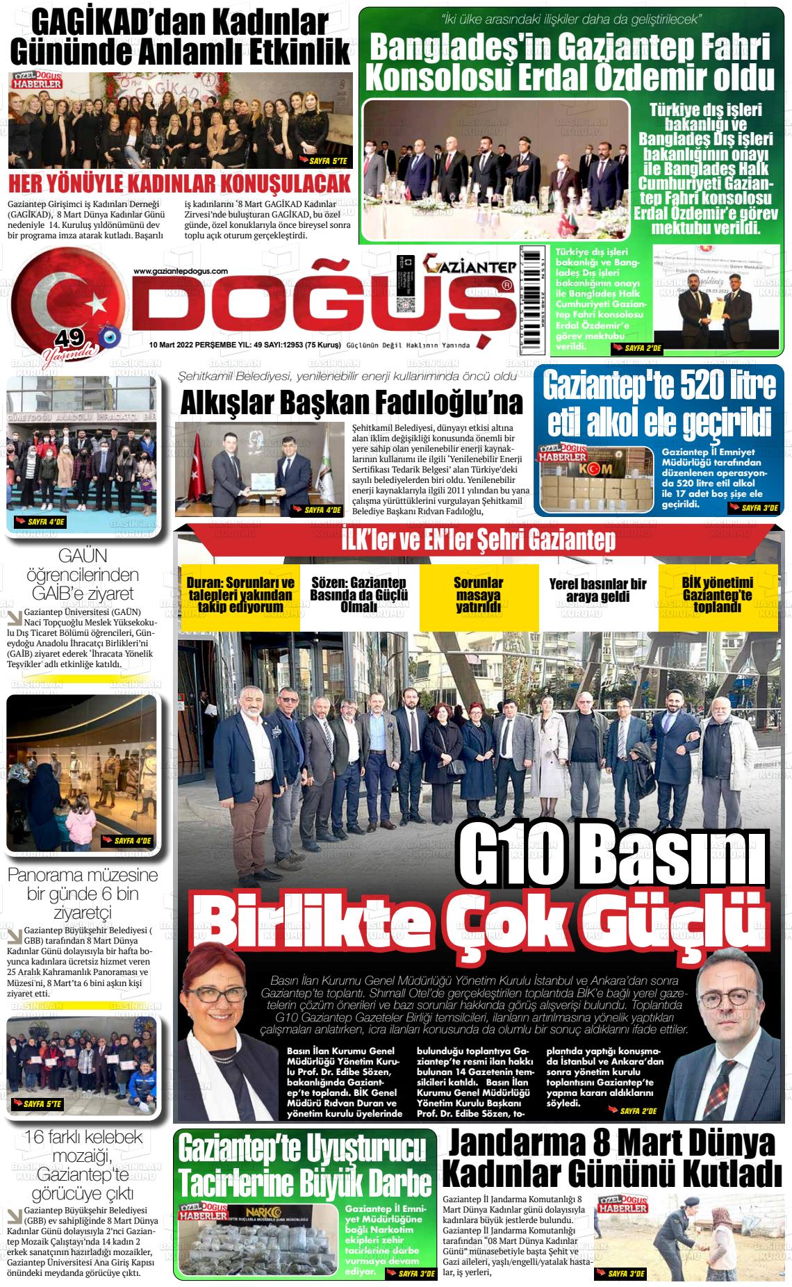 10 Mart 2022 Gaziantep Doğuş Gazete Manşeti