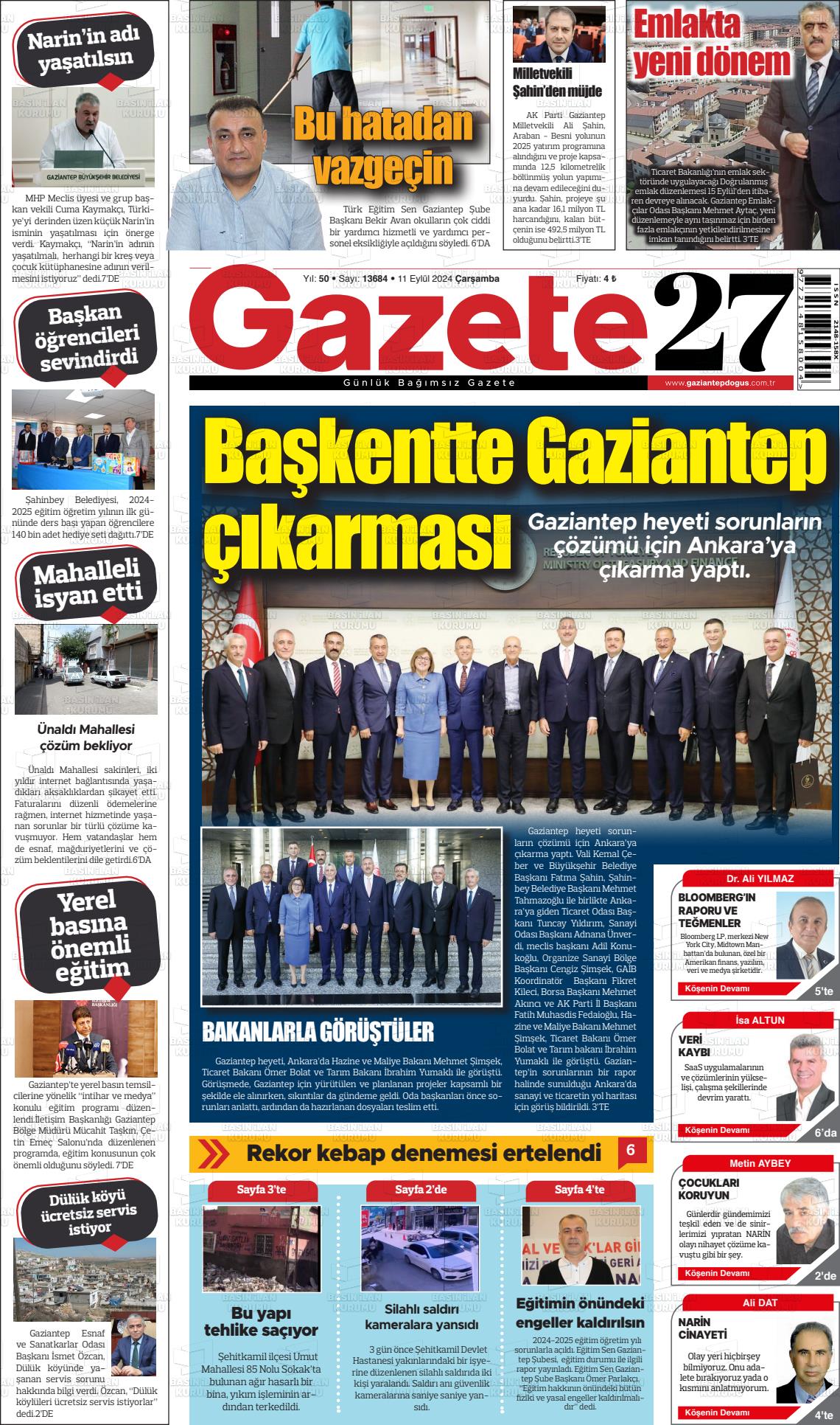 11 Eylül 2024 Gaziantep Doğuş Gazete Manşeti