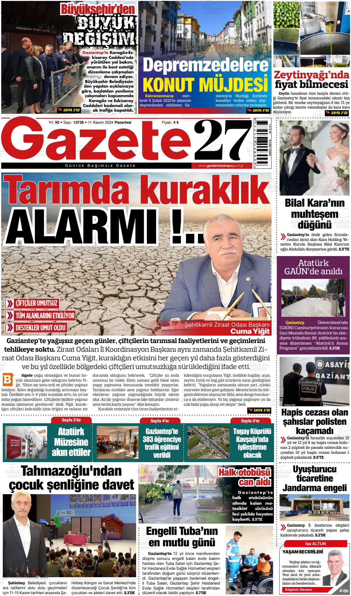 11 Kasım 2024 Gaziantep Doğuş Gazete Manşeti