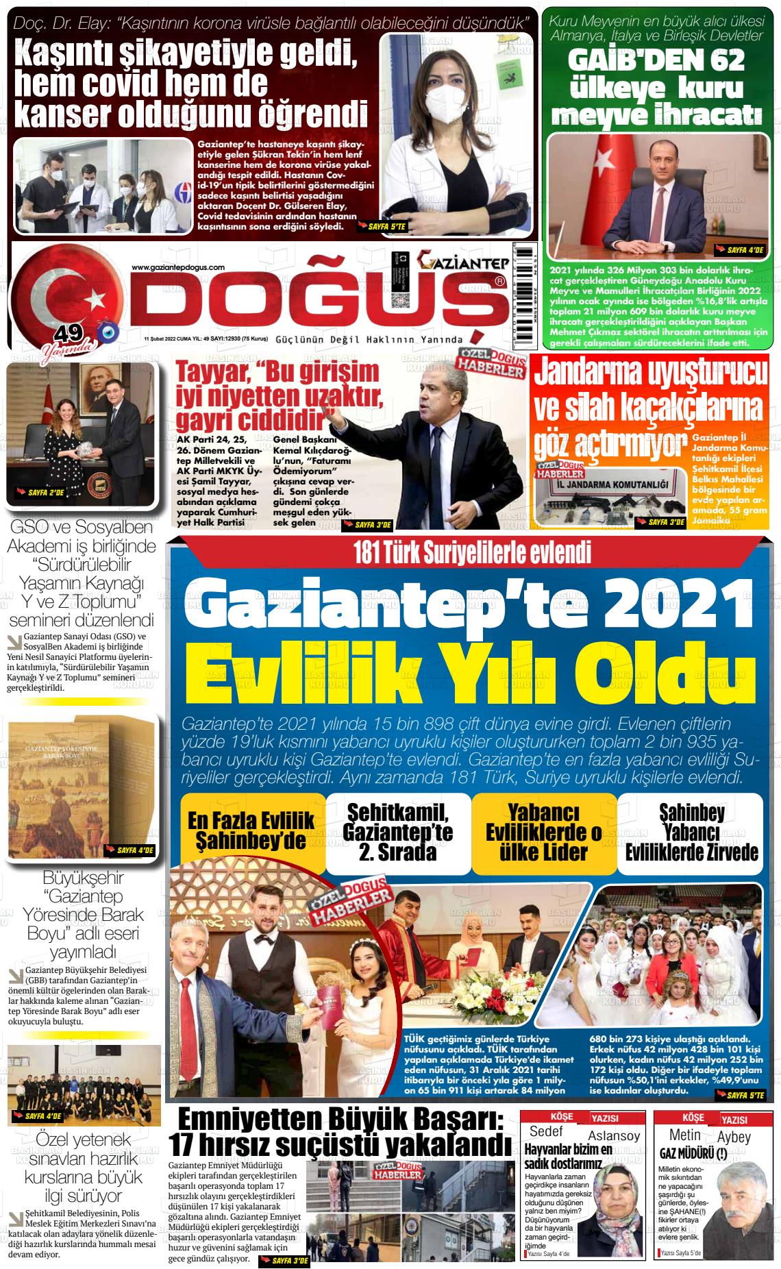 11 Şubat 2022 Gaziantep Doğuş Gazete Manşeti