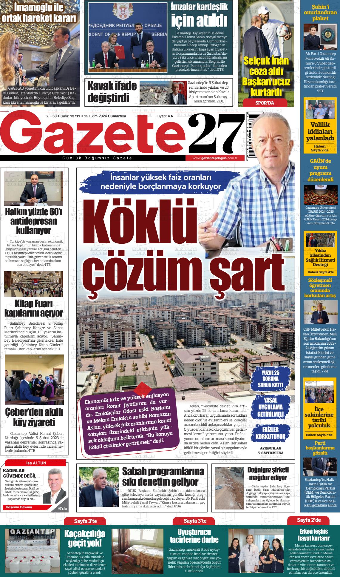 12 Ekim 2024 Gaziantep Doğuş Gazete Manşeti