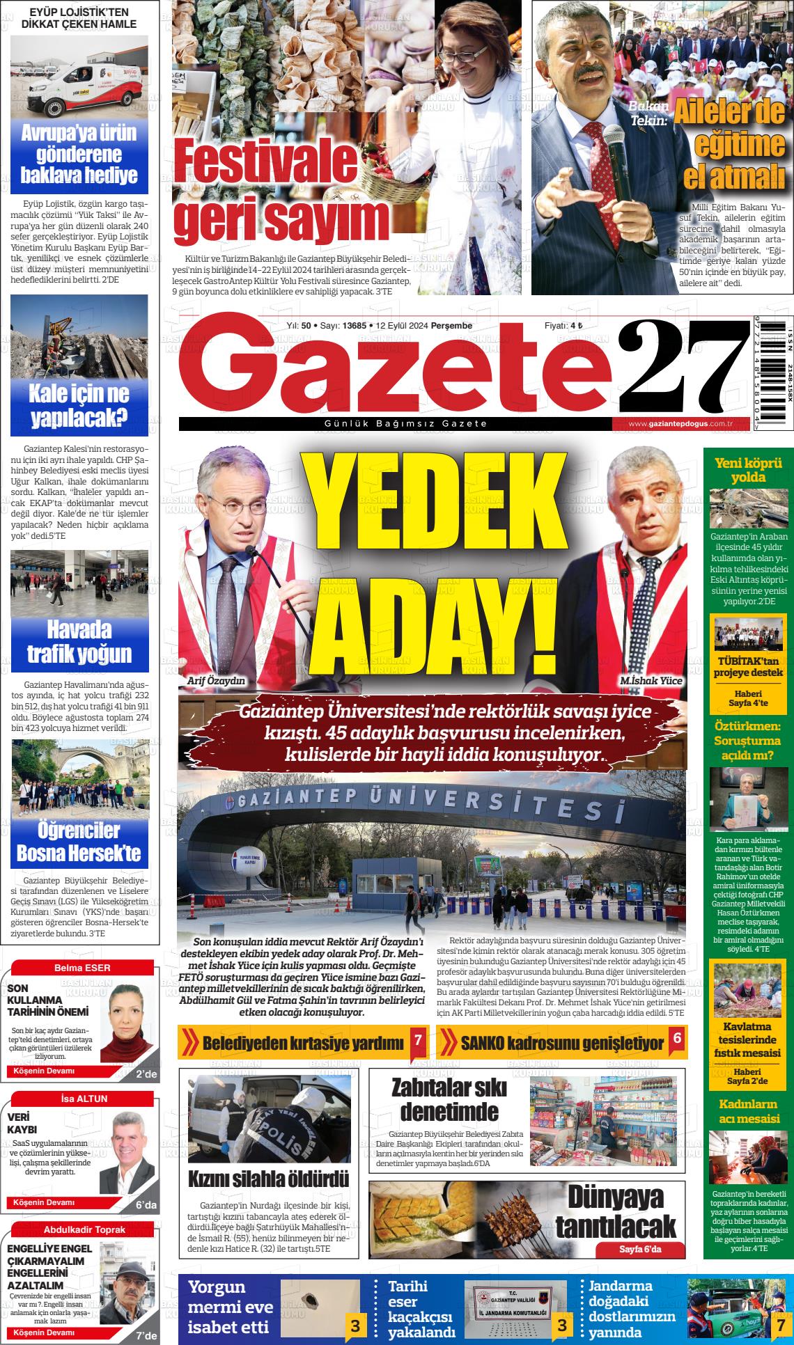 12 Eylül 2024 Gaziantep Doğuş Gazete Manşeti