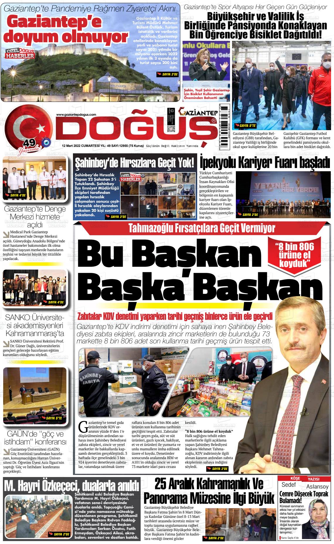 19 Mart 2022 Gaziantep Doğuş Gazete Manşeti