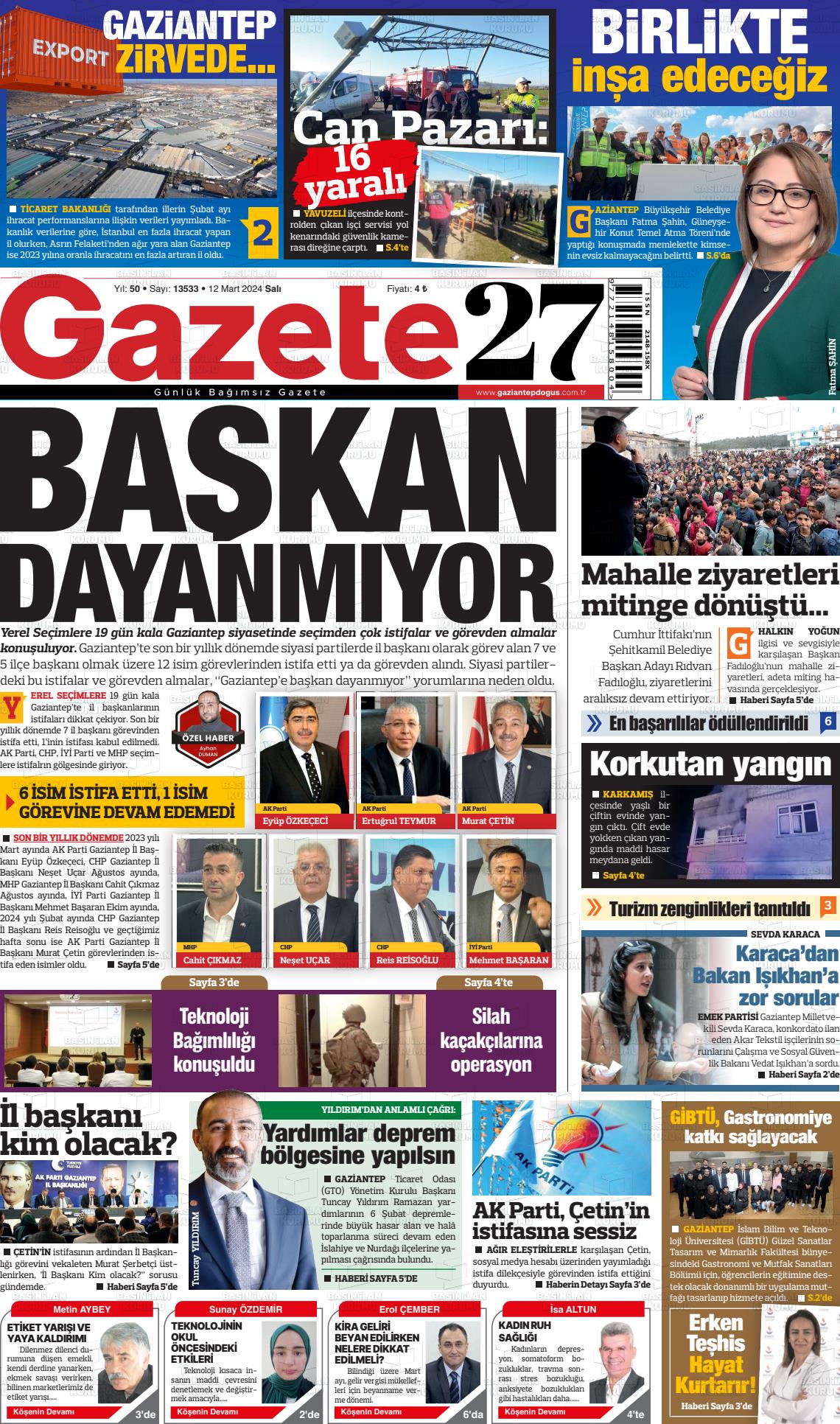 12 Mart 2024 Gaziantep Doğuş Gazete Manşeti