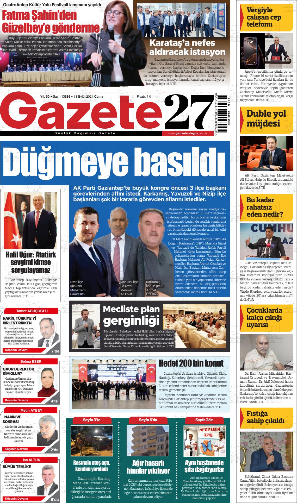 13 Eylül 2024 Gaziantep Doğuş Gazete Manşeti