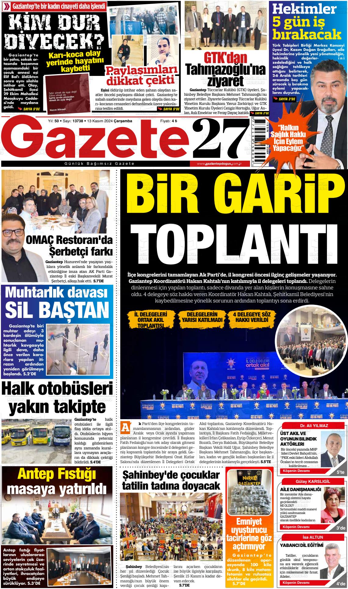 13 Kasım 2024 Gaziantep Doğuş Gazete Manşeti