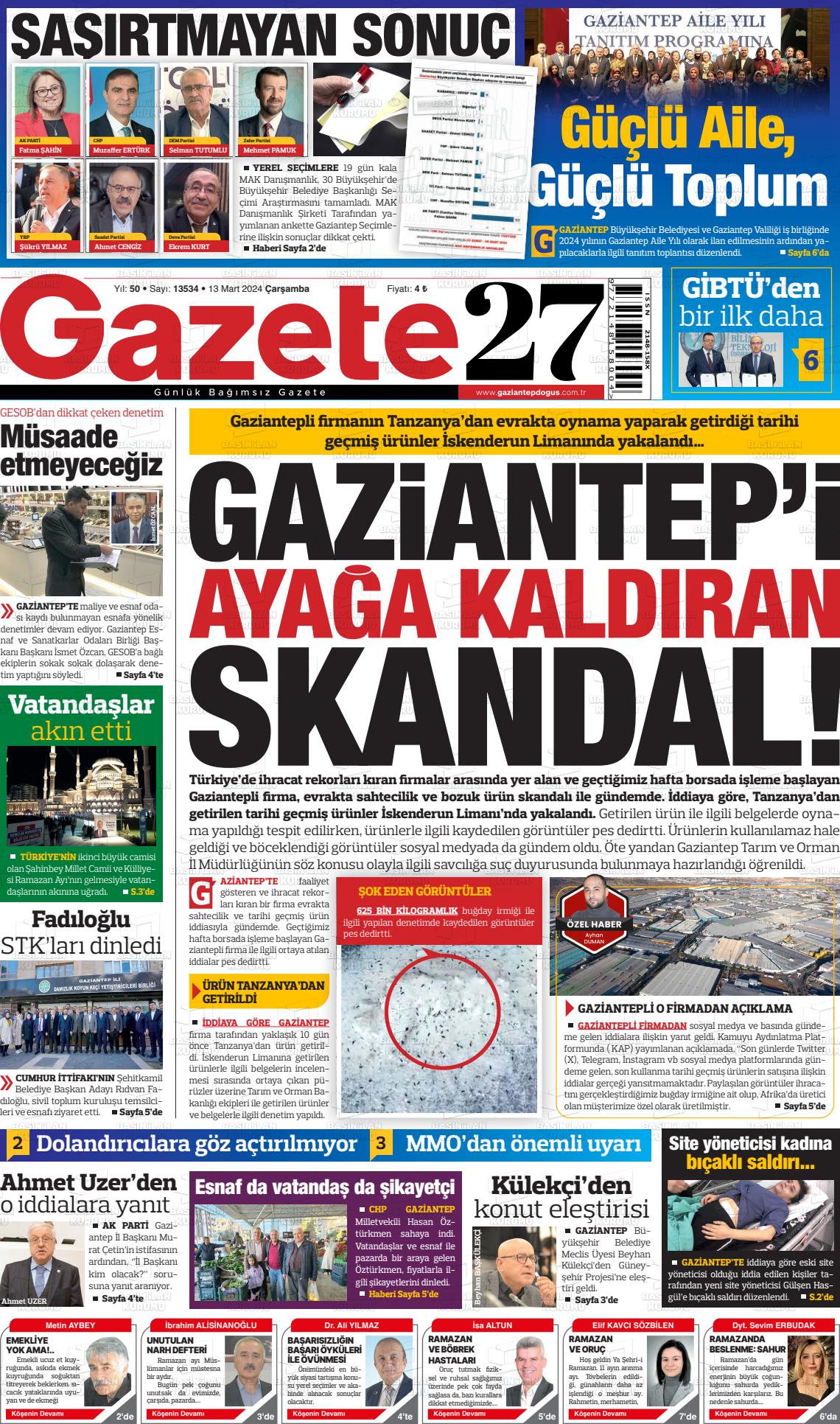 13 Mart 2024 Gaziantep Doğuş Gazete Manşeti