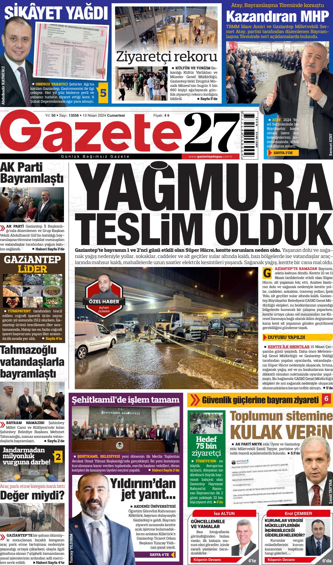 13 Nisan 2024 Gaziantep Doğuş Gazete Manşeti