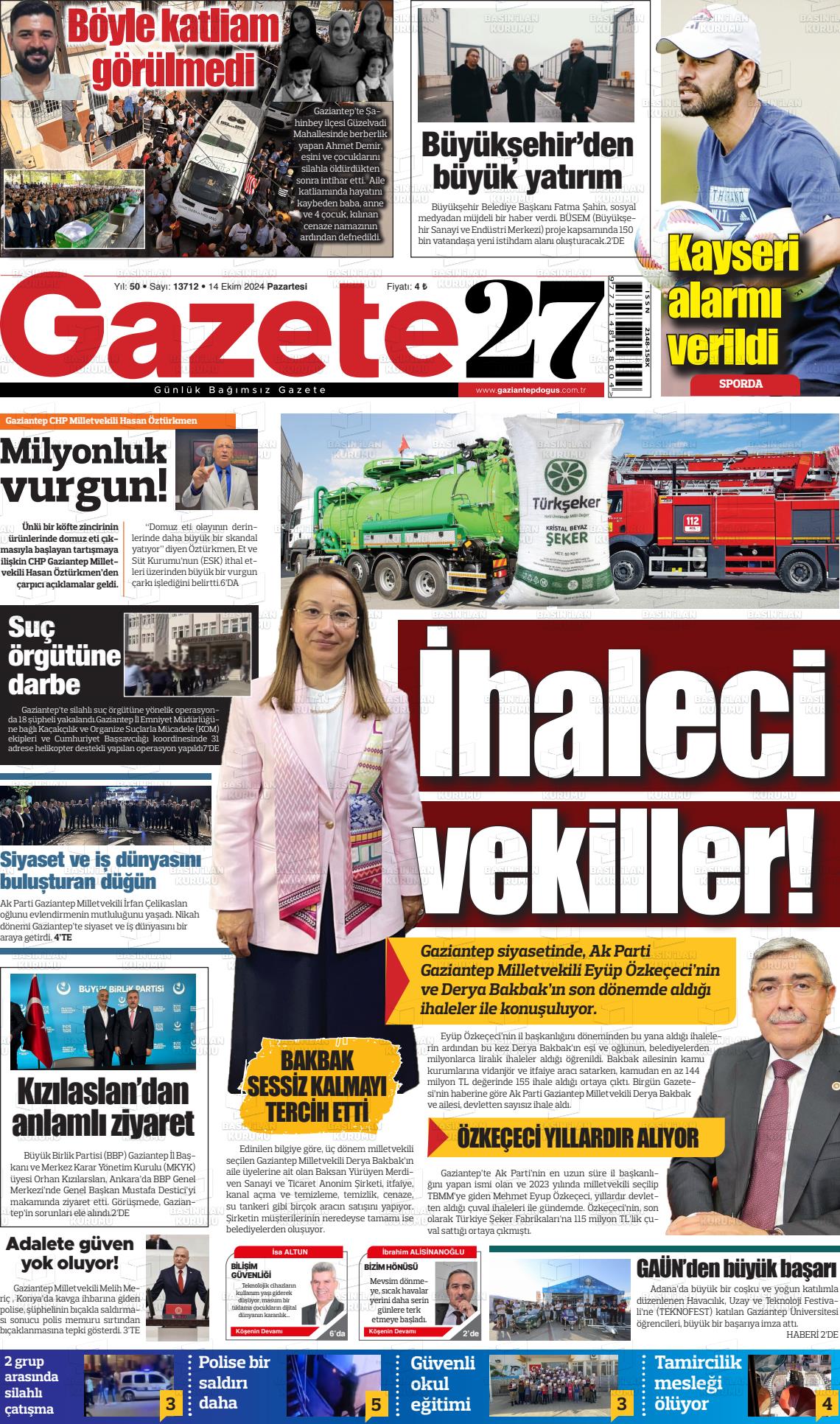 14 Ekim 2024 Gaziantep Doğuş Gazete Manşeti