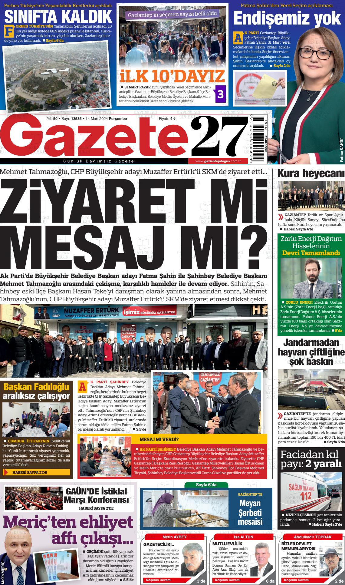 14 Mart 2024 Gaziantep Doğuş Gazete Manşeti