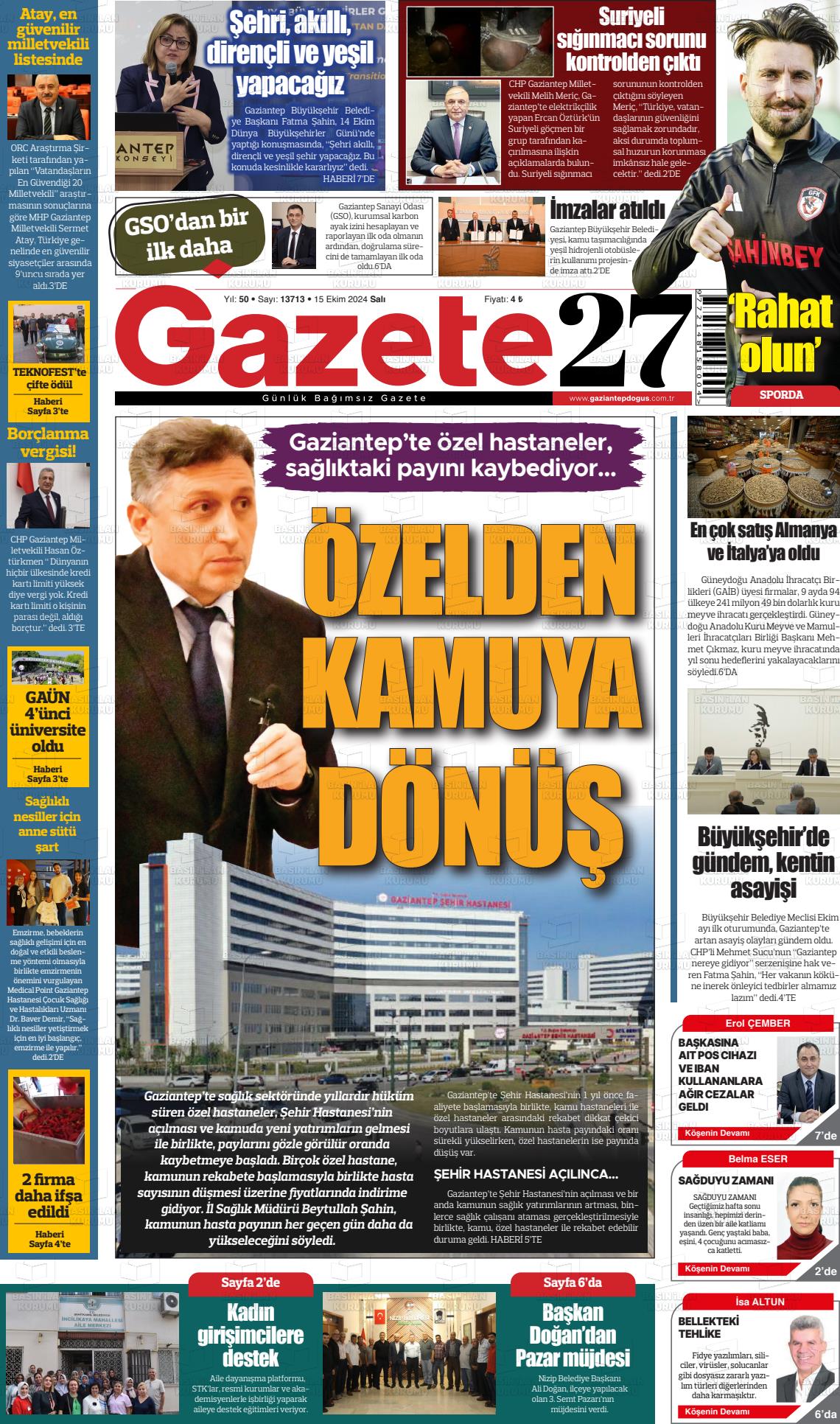 15 Ekim 2024 Gaziantep Doğuş Gazete Manşeti