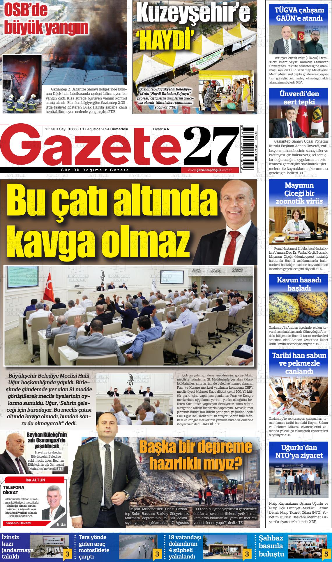 17 Ağustos 2024 Gaziantep Doğuş Gazete Manşeti