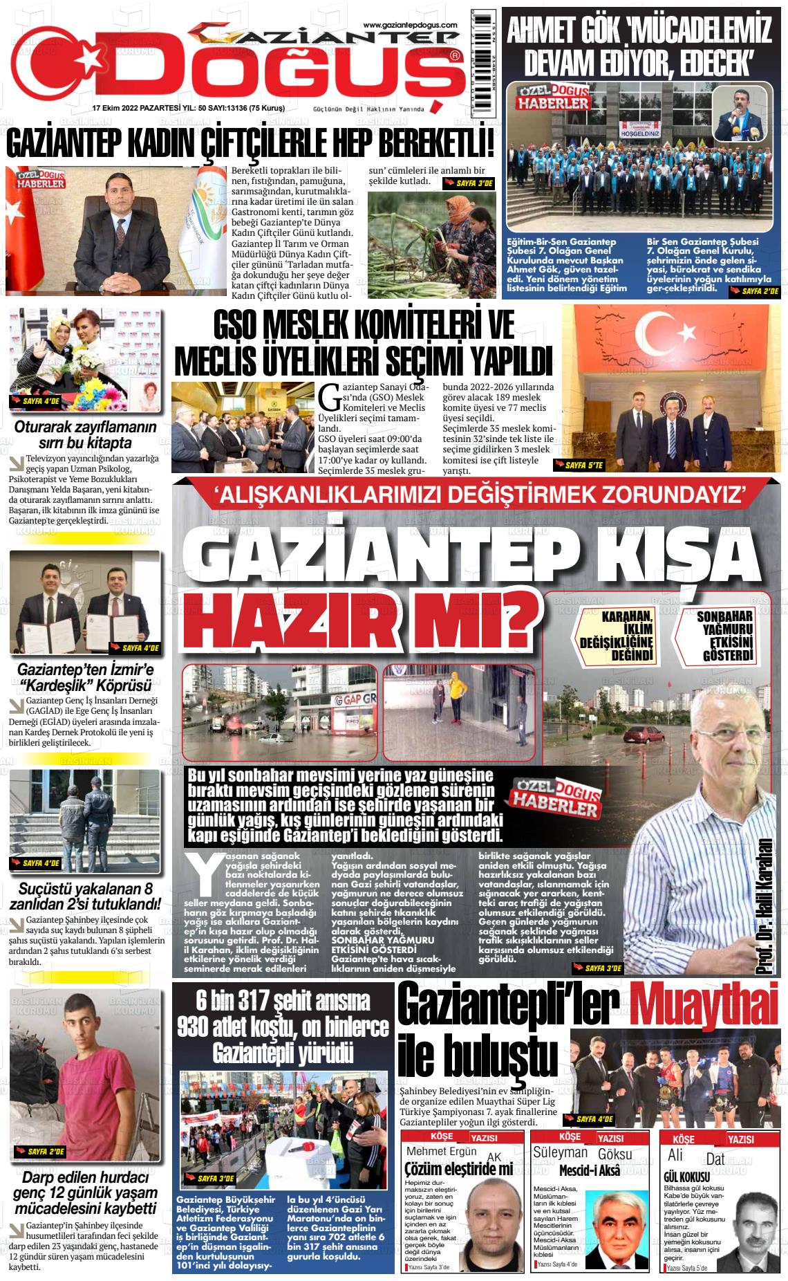 17 Ekim 2022 Gaziantep Doğuş Gazete Manşeti