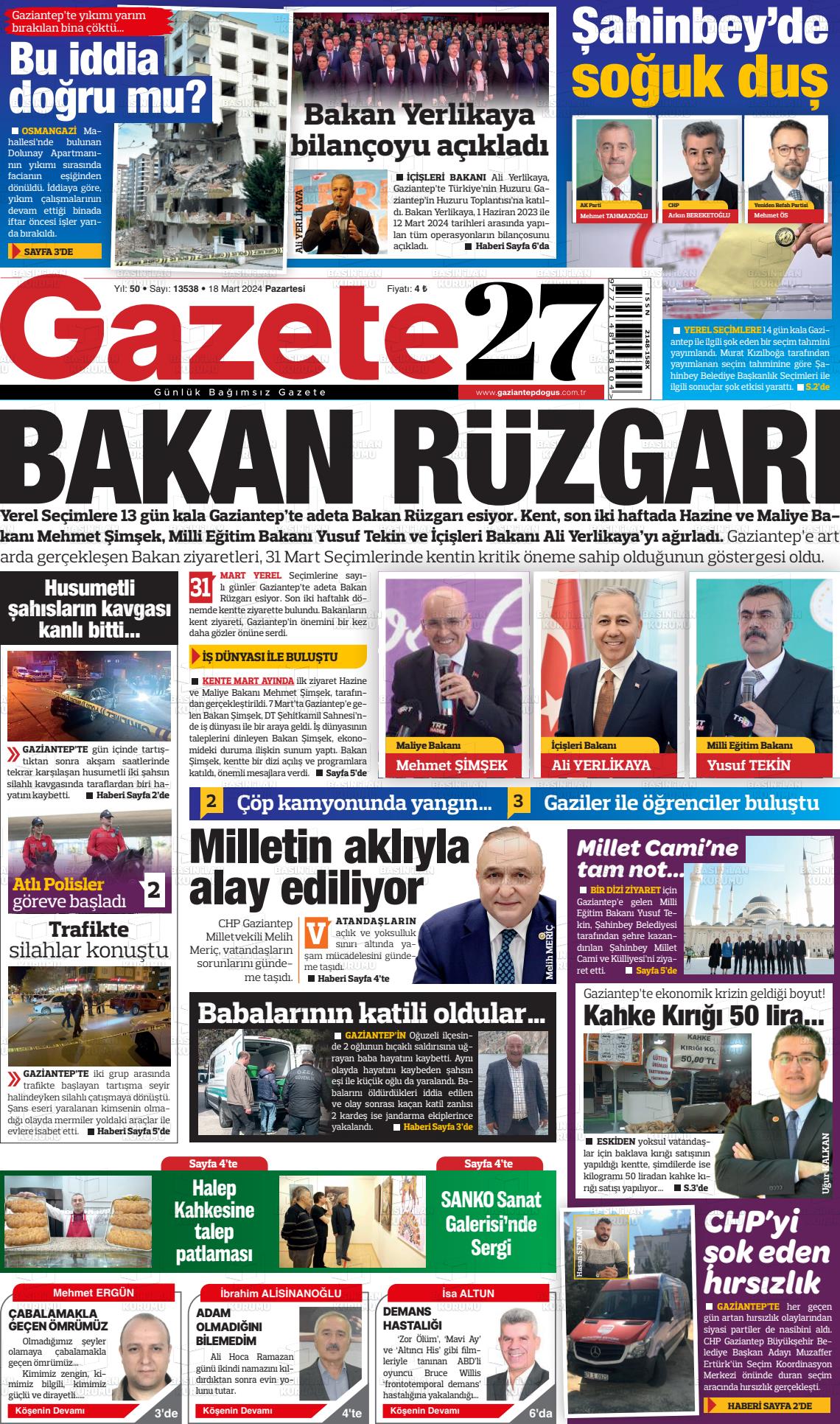 18 Mart 2024 Gaziantep Doğuş Gazete Manşeti