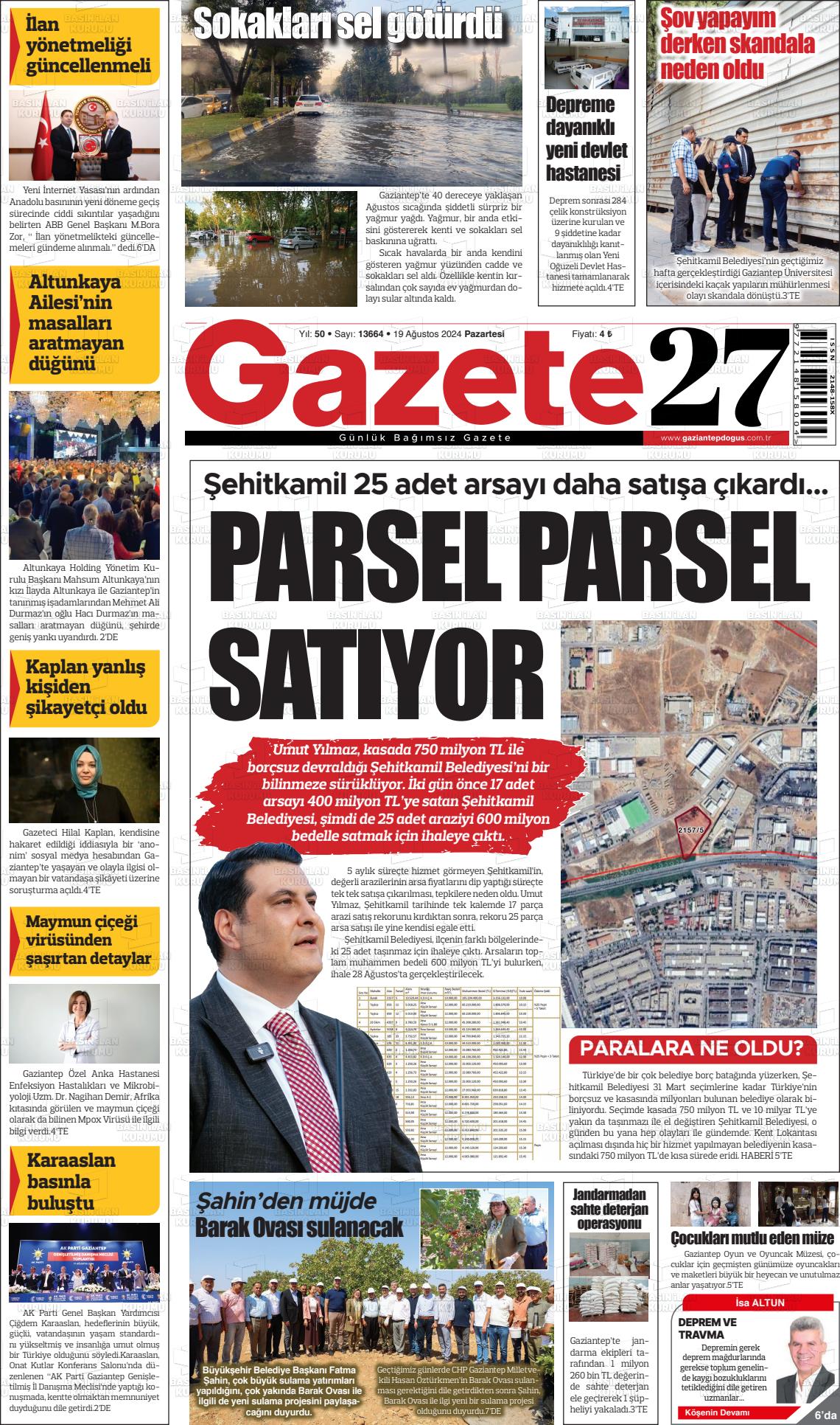 19 Ağustos 2024 Gaziantep Doğuş Gazete Manşeti