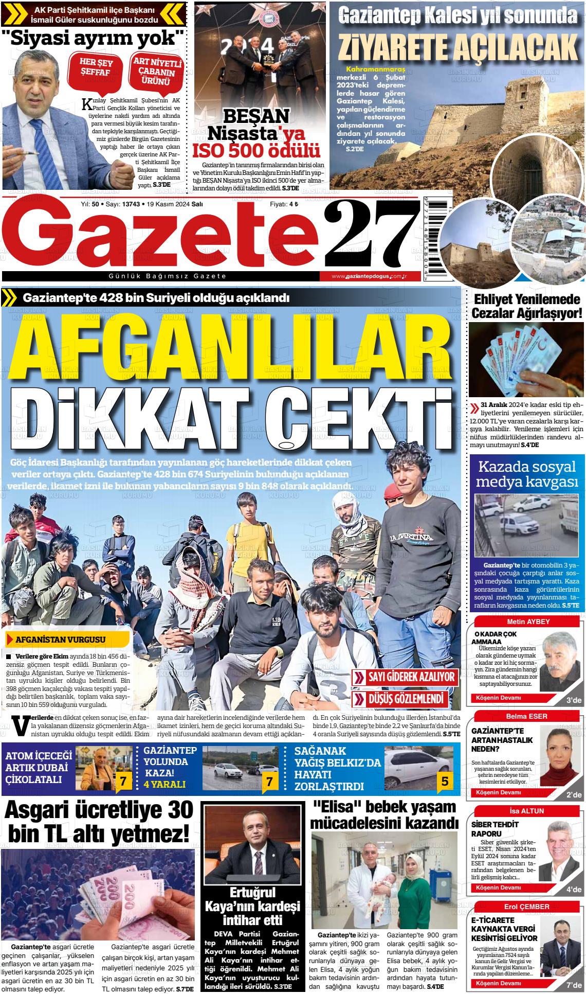 19 Kasım 2024 Gaziantep Doğuş Gazete Manşeti