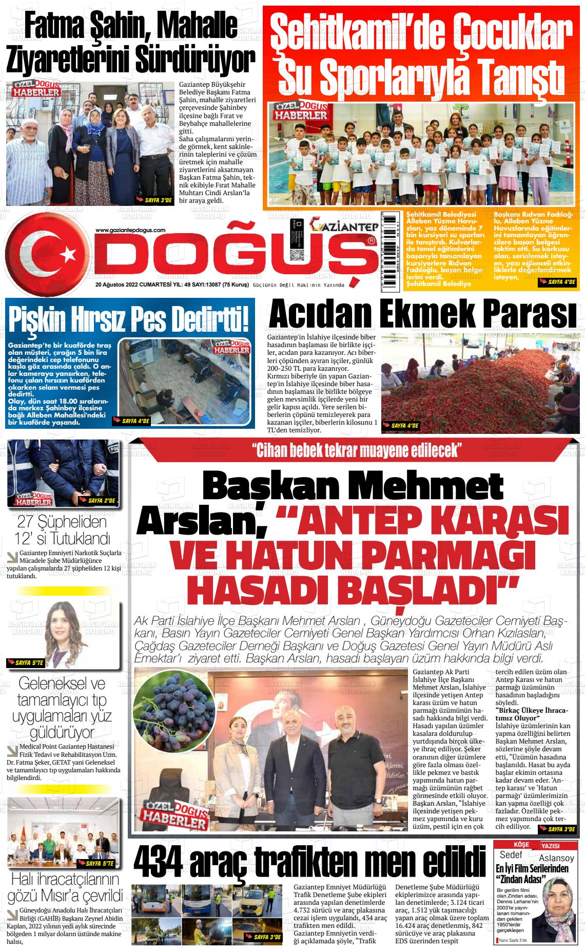 20 Ağustos 2022 Gaziantep Doğuş Gazete Manşeti