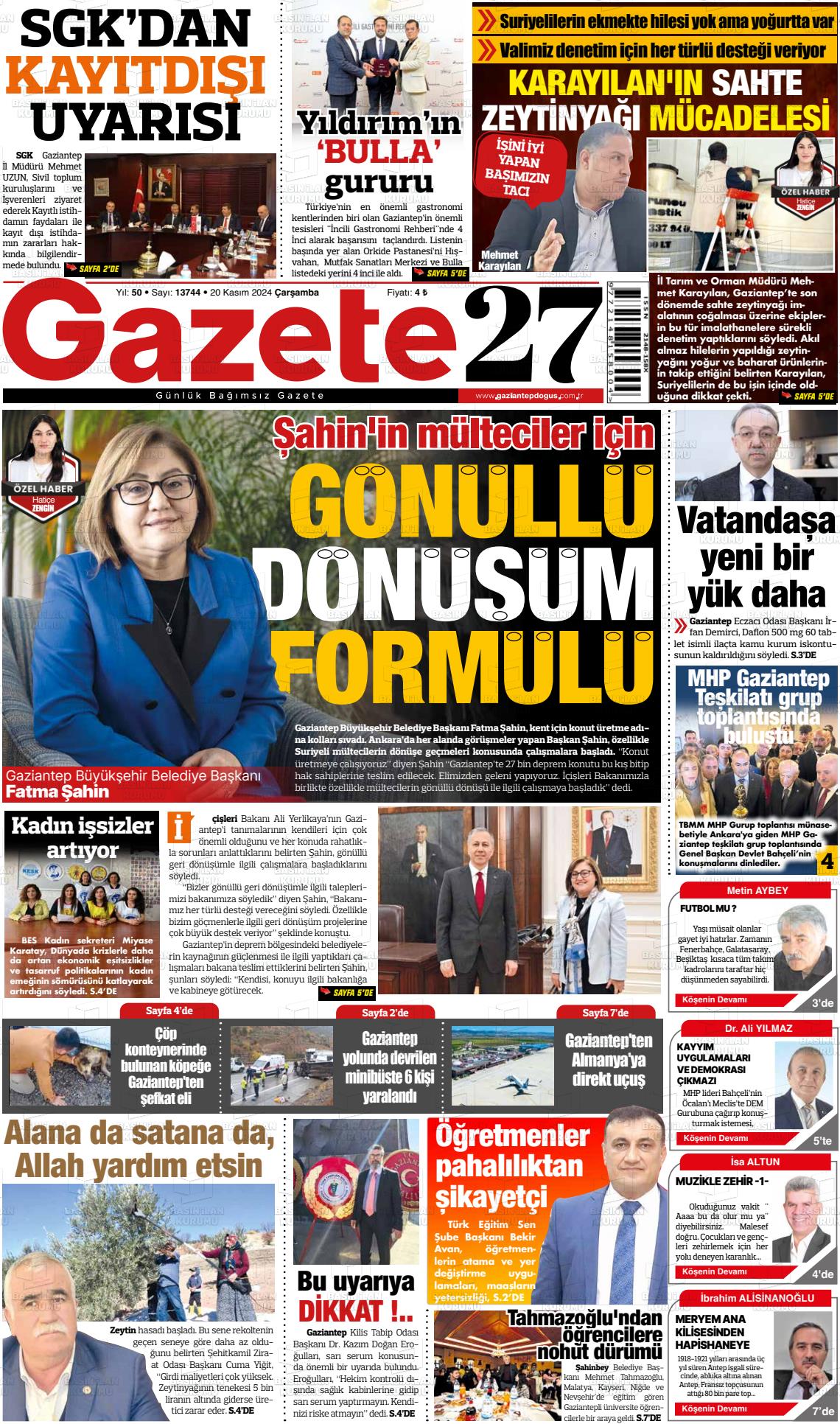 20 Kasım 2024 Gaziantep Doğuş Gazete Manşeti