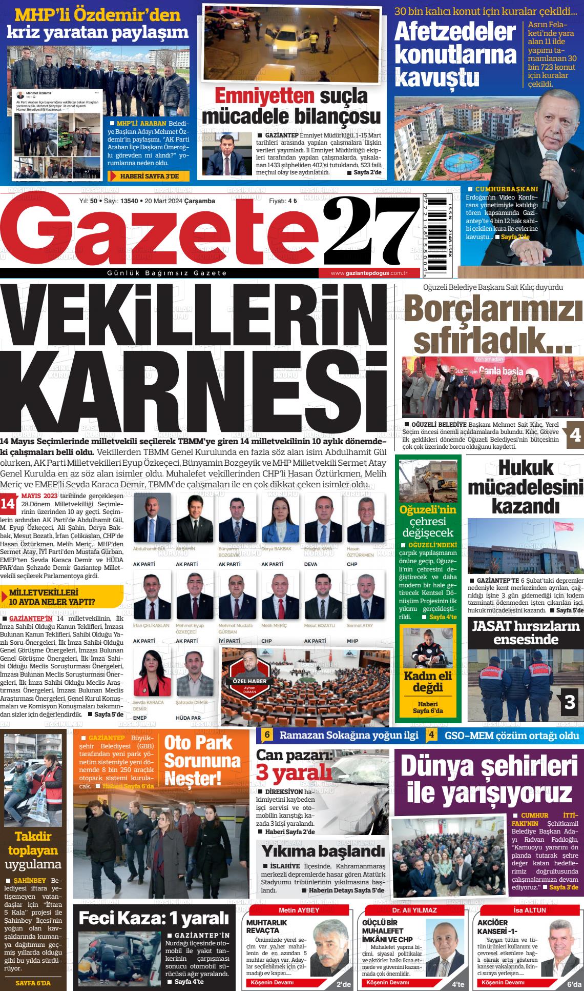 20 Mart 2024 Gaziantep Doğuş Gazete Manşeti