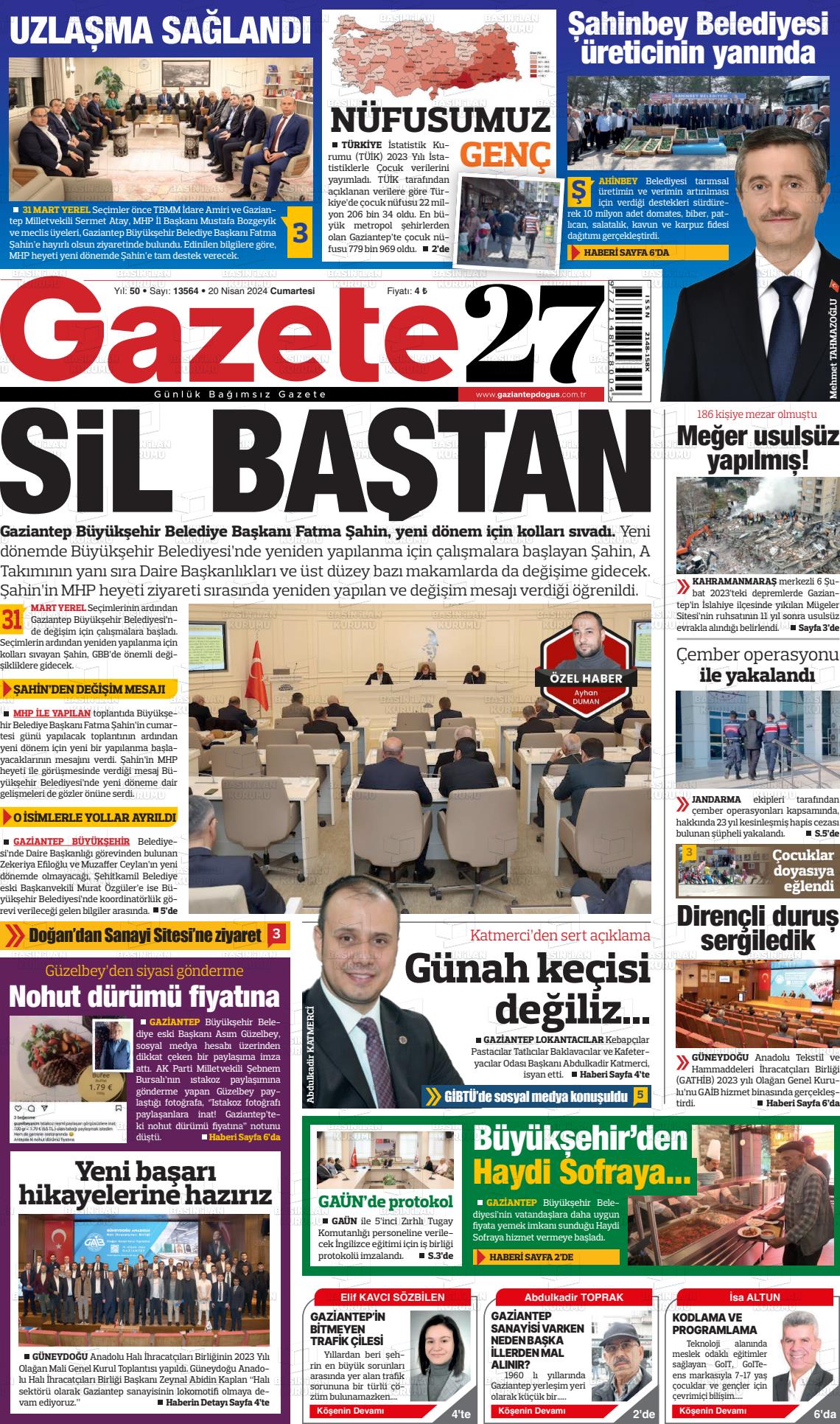 20 Nisan 2024 Gaziantep Doğuş Gazete Manşeti