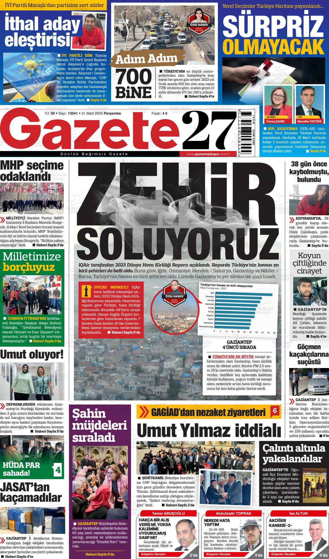 21 Mart 2024 Gaziantep Doğuş Gazete Manşeti