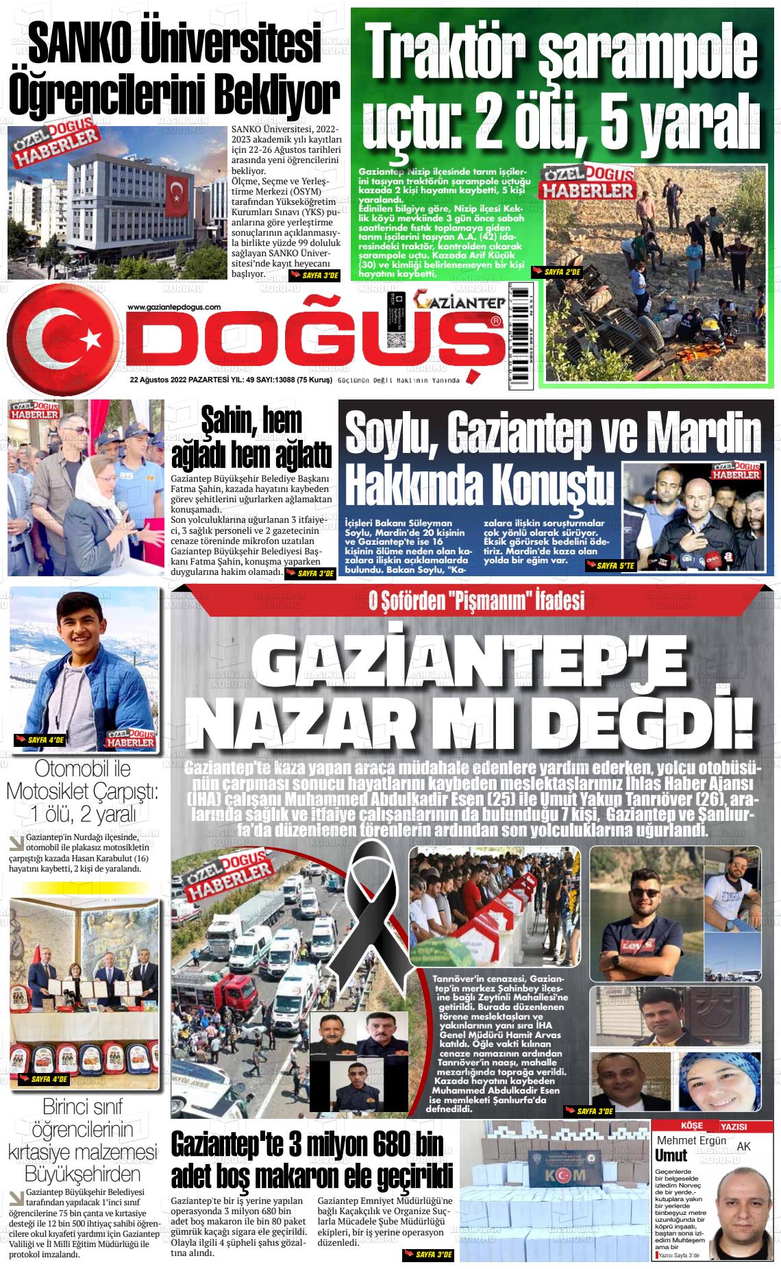 23 Ağustos 2022 Gaziantep Doğuş Gazete Manşeti