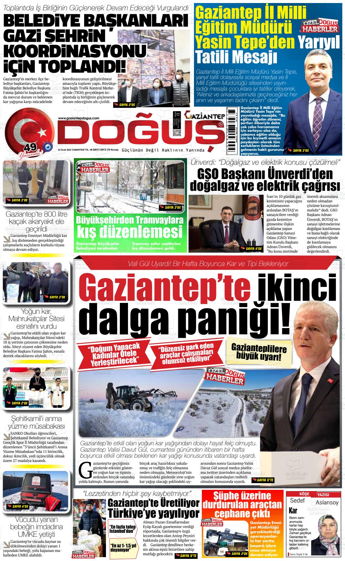 22 Ocak 2022 Gaziantep Doğuş Gazete Manşeti