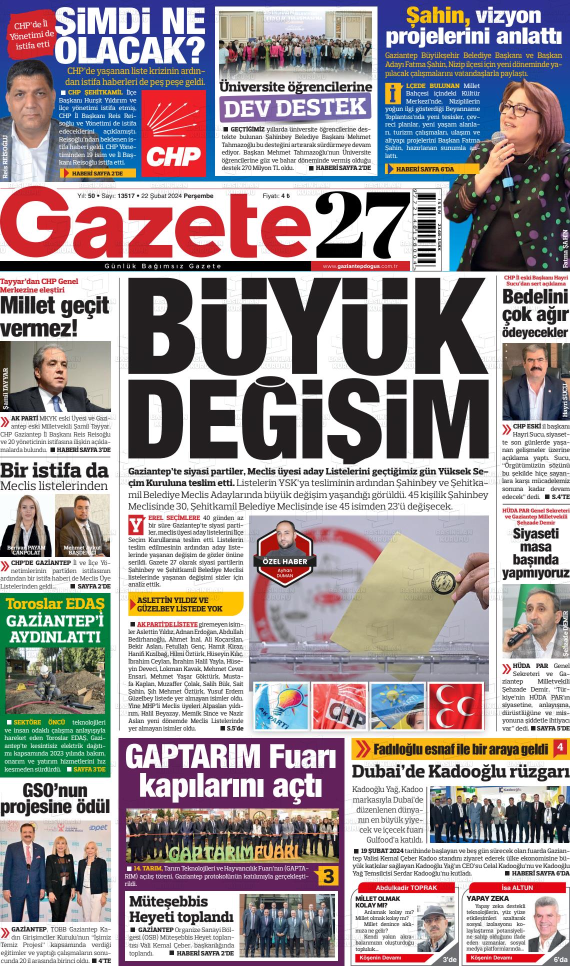 22 Şubat 2024 Gaziantep Doğuş Gazete Manşeti