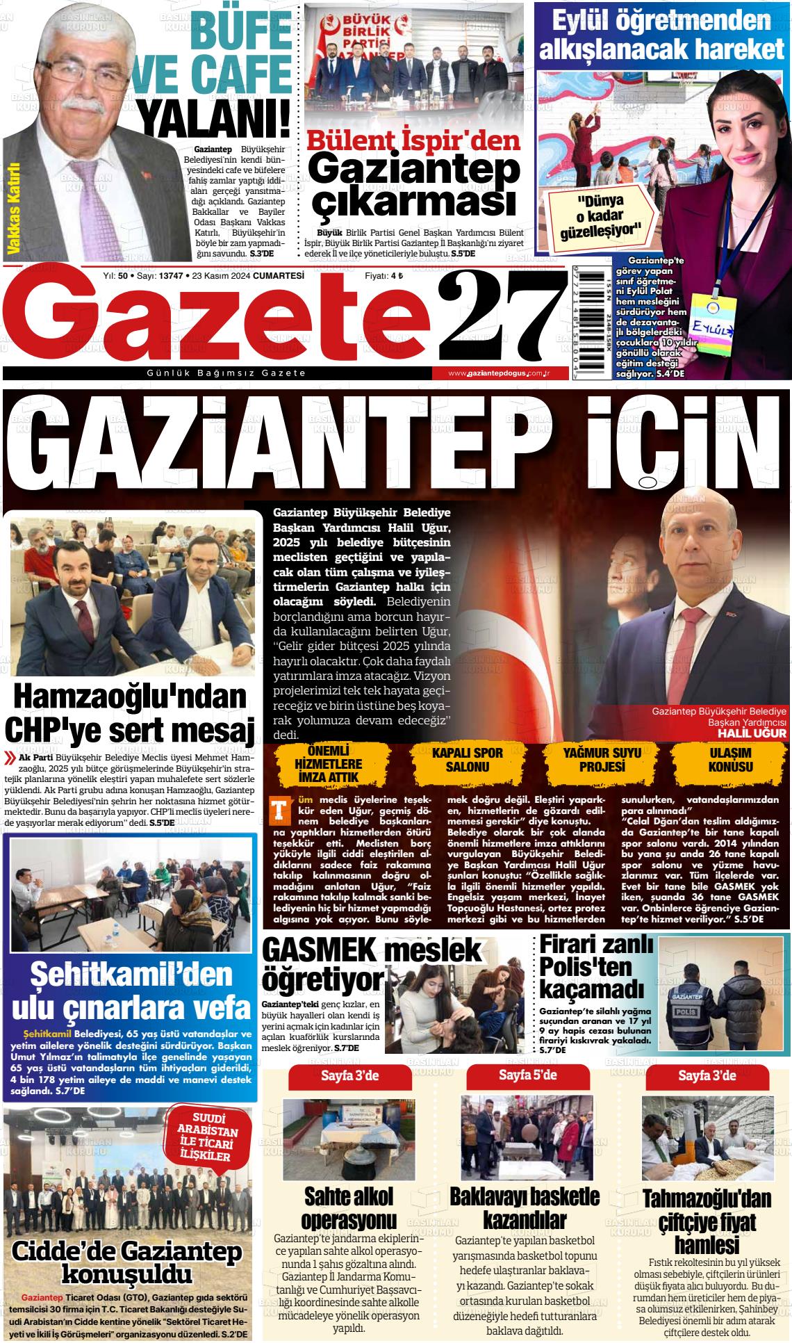 23 Kasım 2024 Gaziantep Doğuş Gazete Manşeti